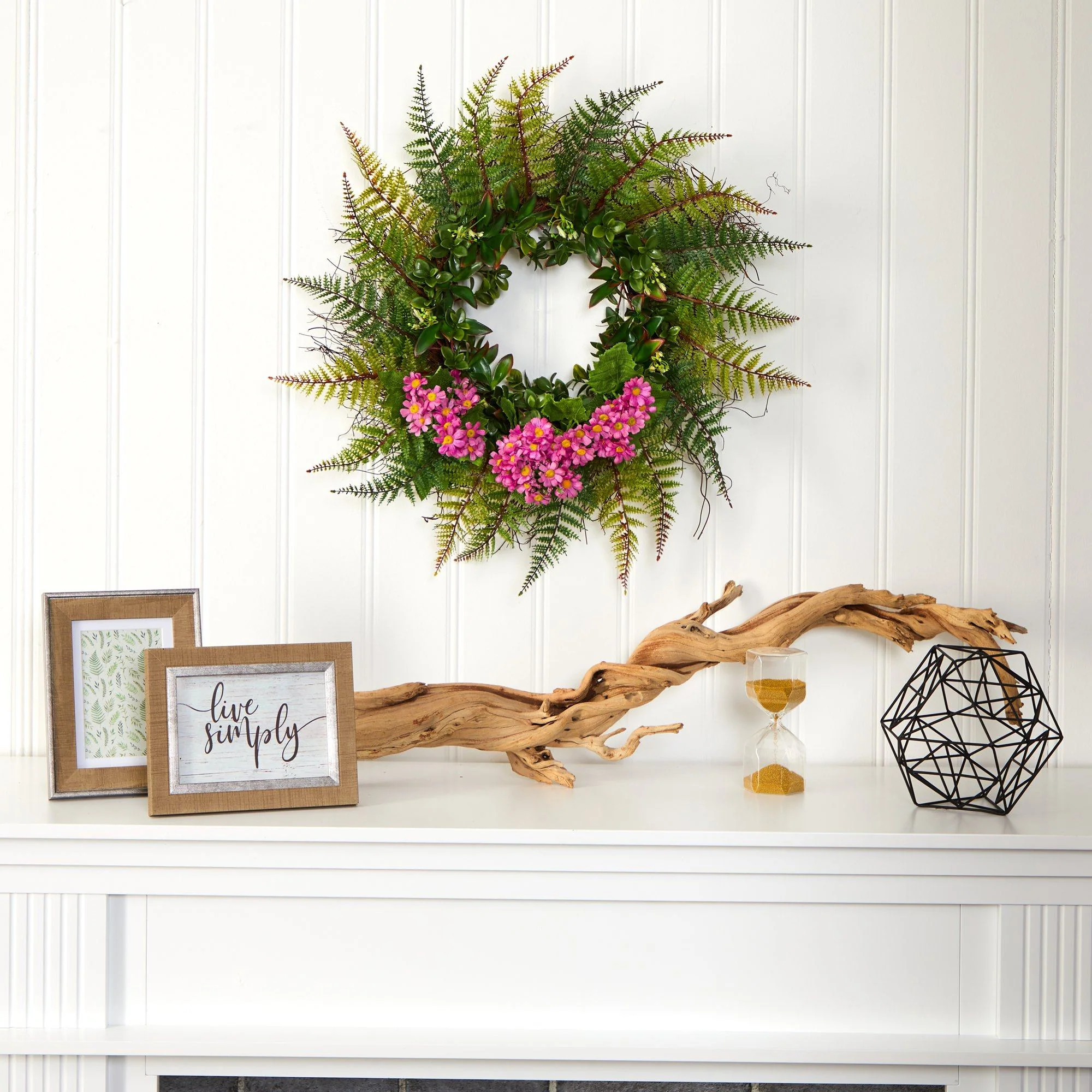 23” Assorted Fern and Daisy Artificial Wreath - Image 5