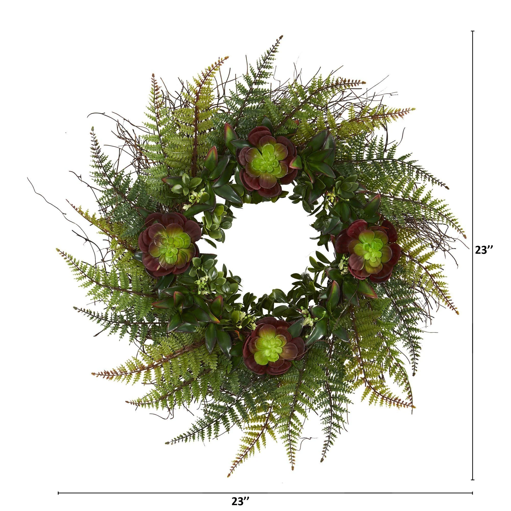 23” Assorted Fern and Echeveria Succulent Artificial Wreath - Image 2