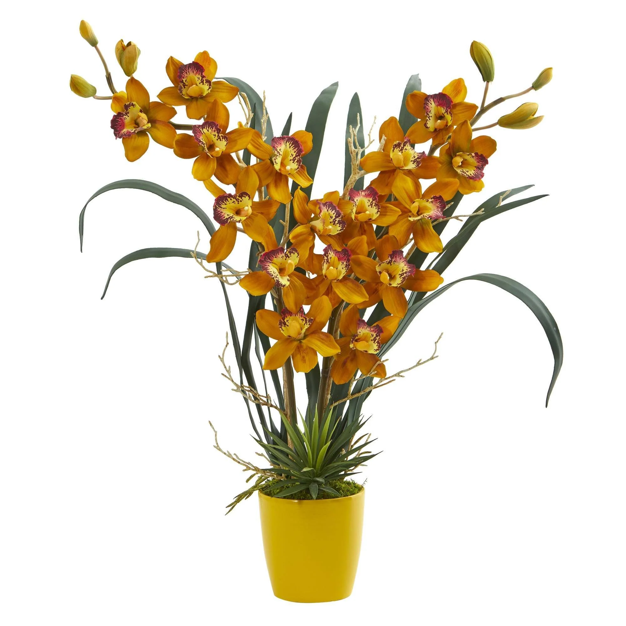 Cymbidium Orchid Artificial Arrangement in Yellow Vase - Image 2