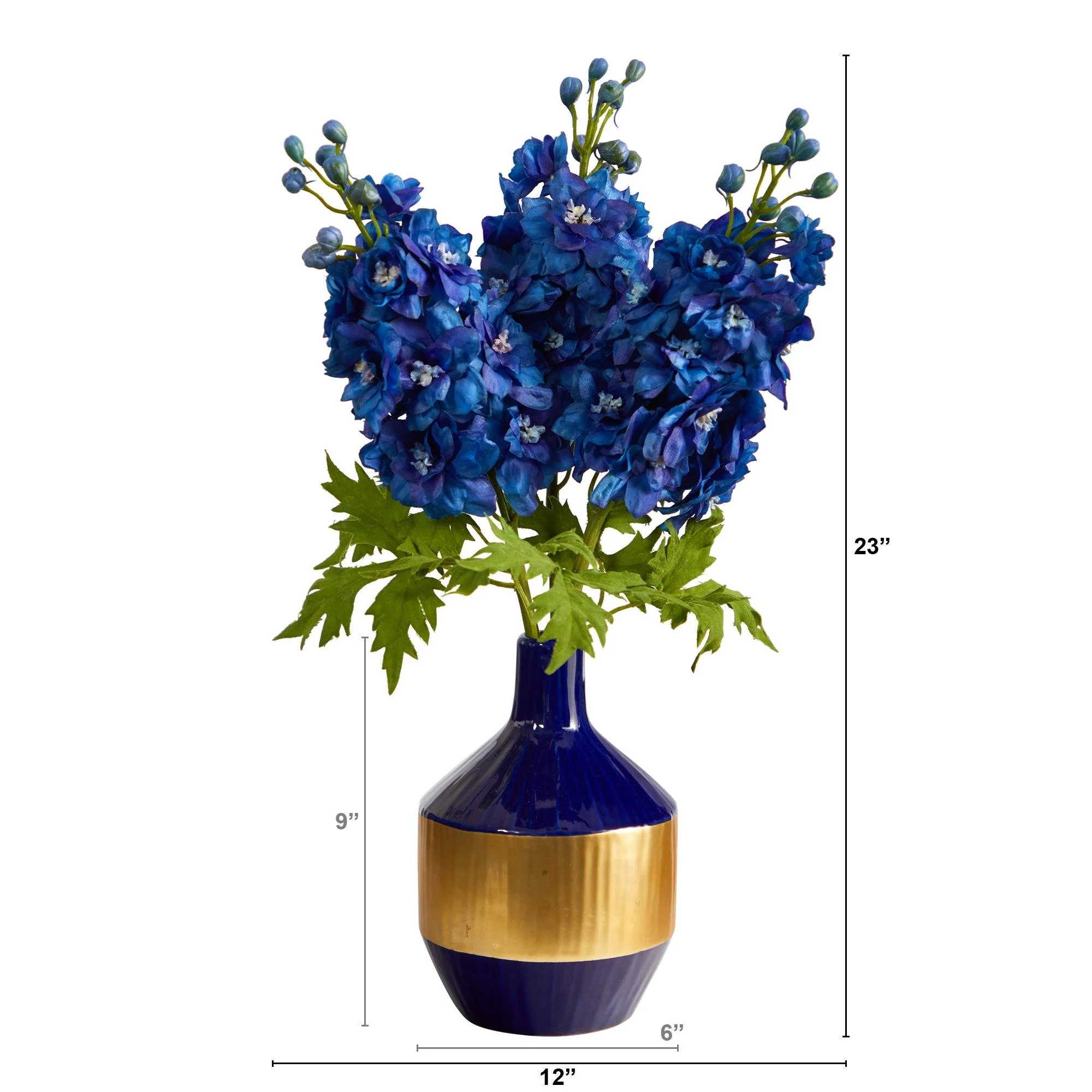 23” Delphinium Artificial Arrangement in Blue and Gold Designer Vase - Image 2