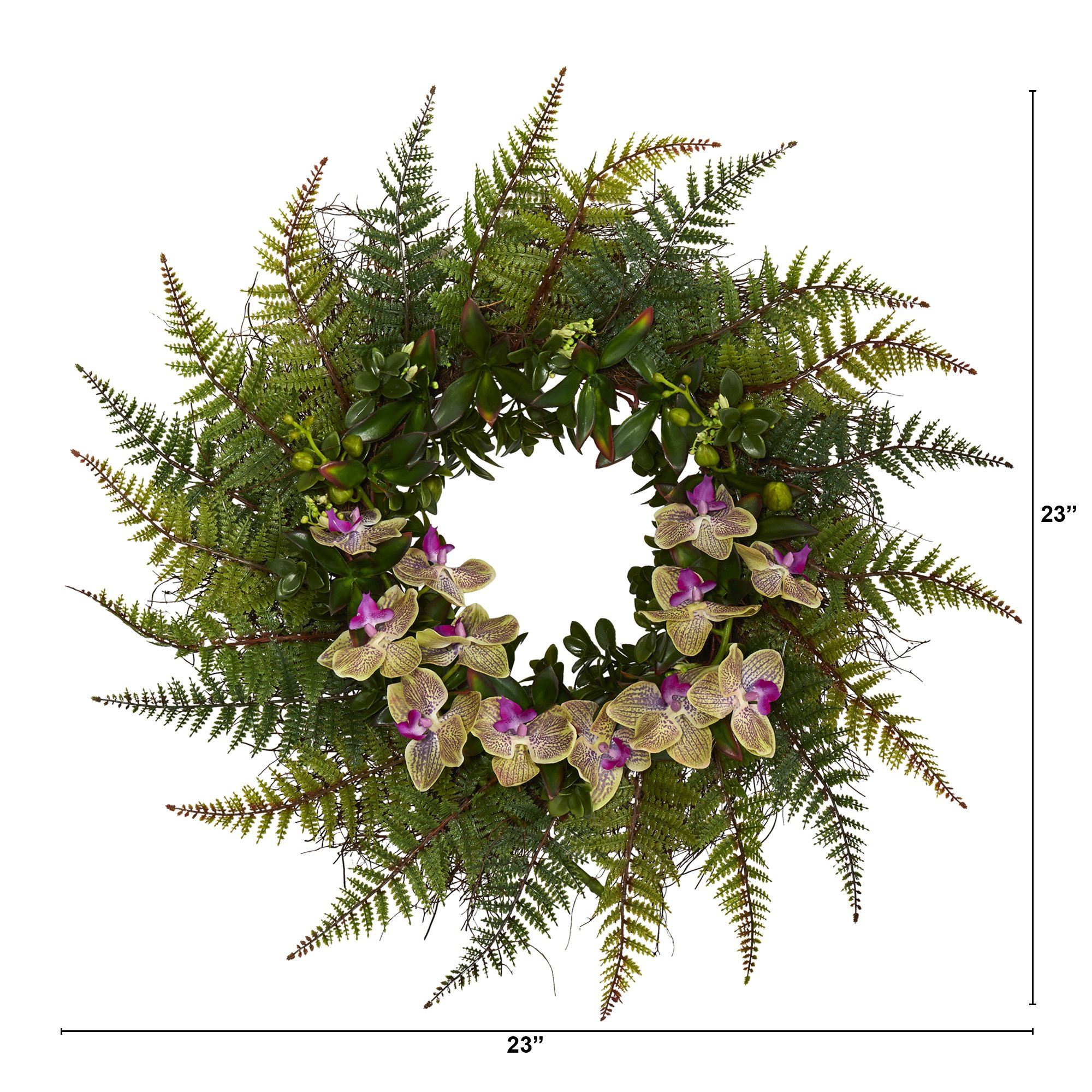 23” Fern and Phalaenopsis Orchid Artificial Wreath - Image 2