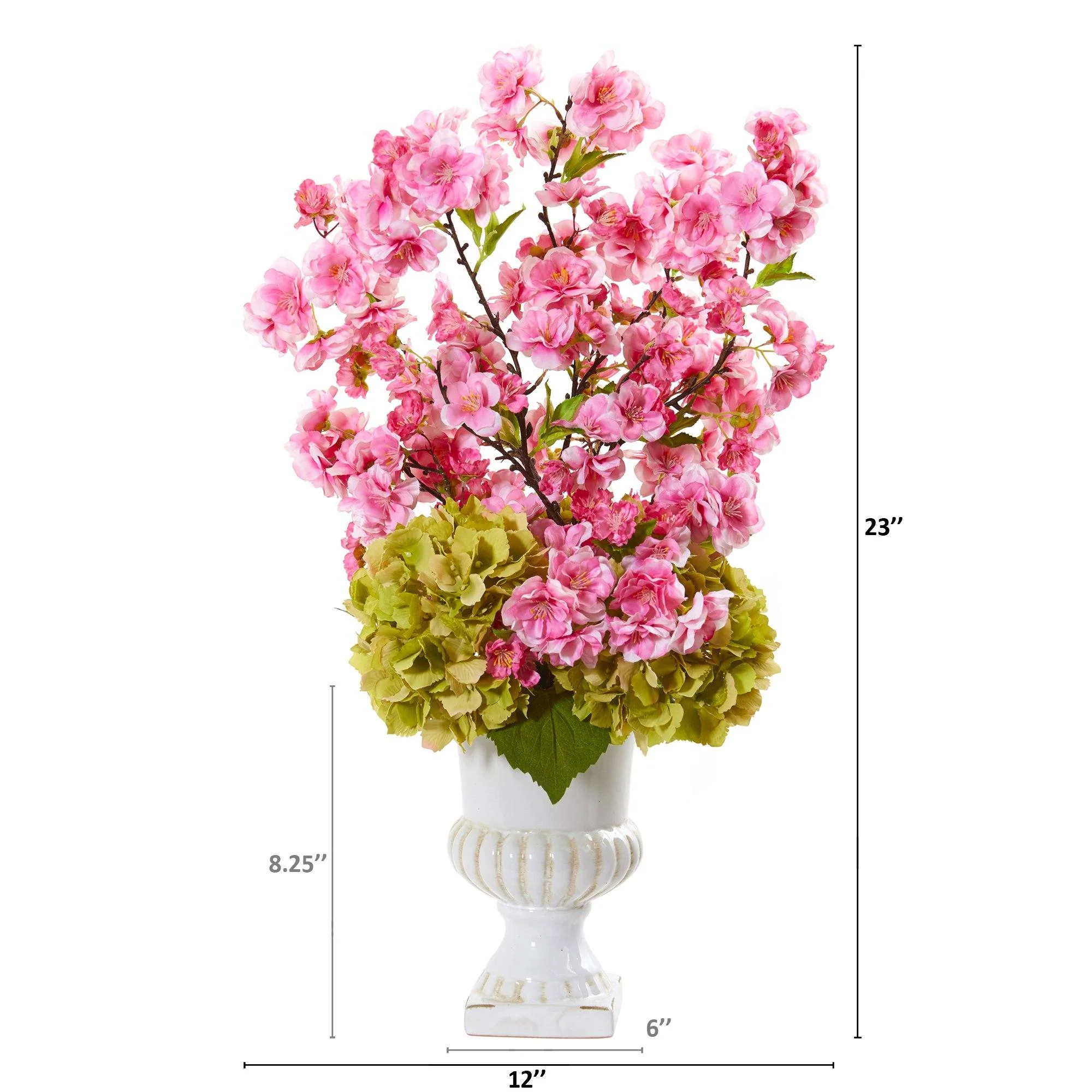 23” Hydrangea and Cherry Blossom Artificial Arrangement in White Urn - Image 2