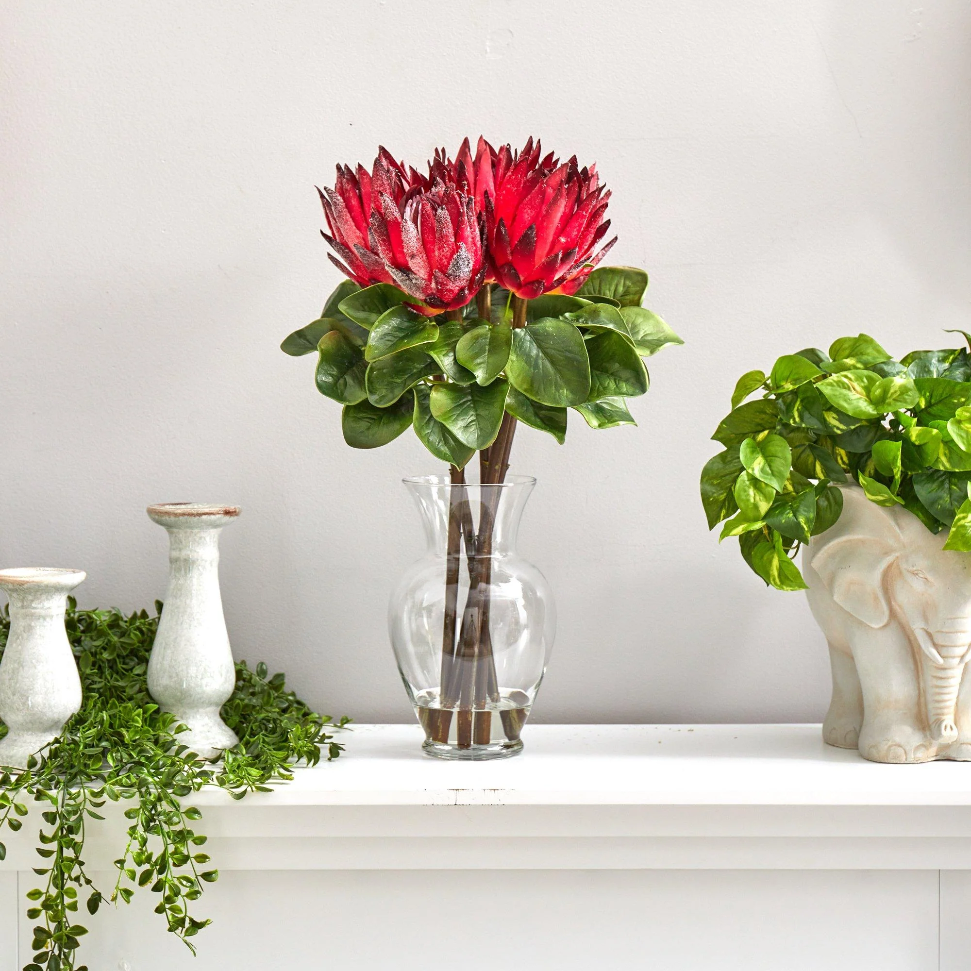23” King Protea Artificial Arrangement in Glass Vase - Image 5