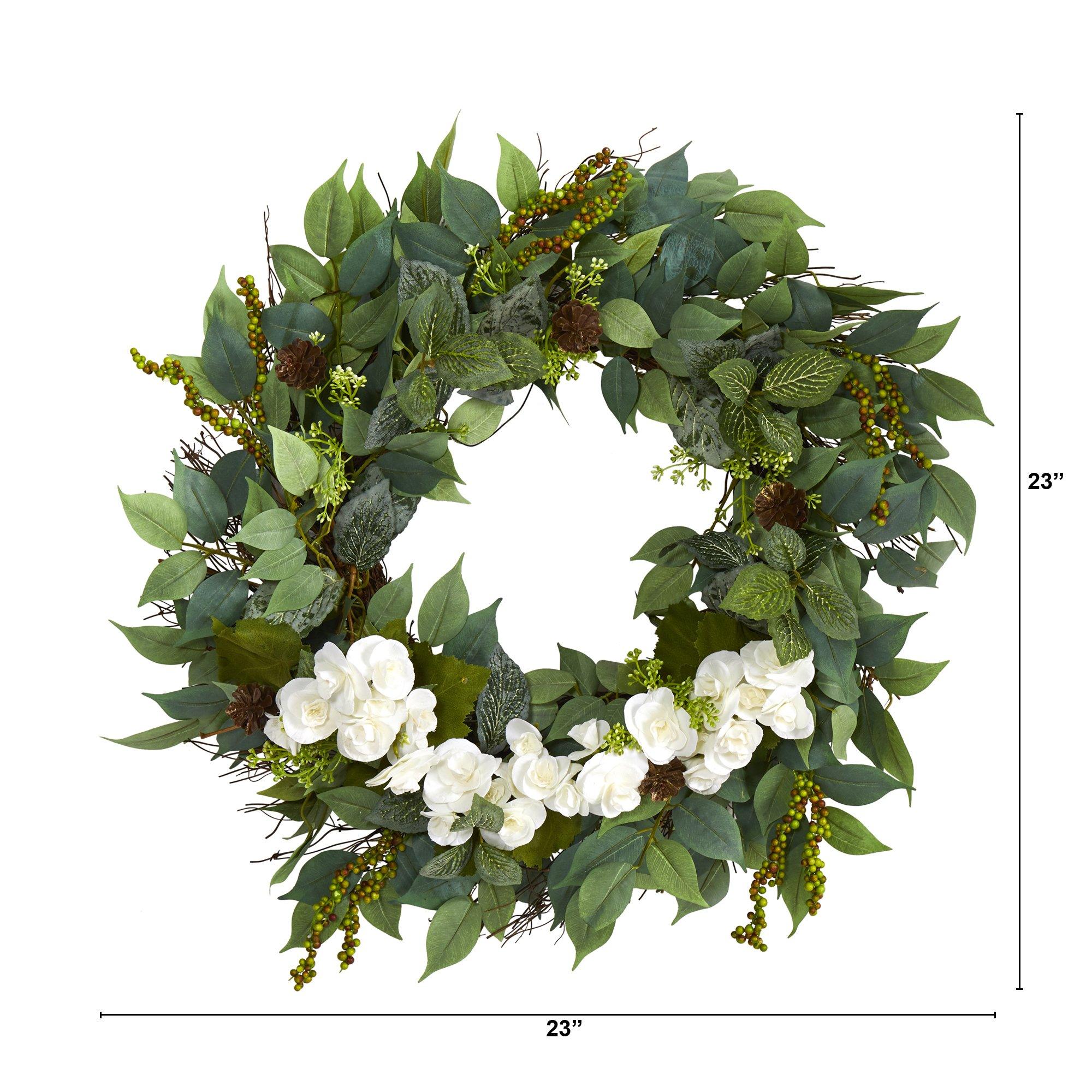 23” Mixed Greens and Begonia Artificial Wreath - Image 2