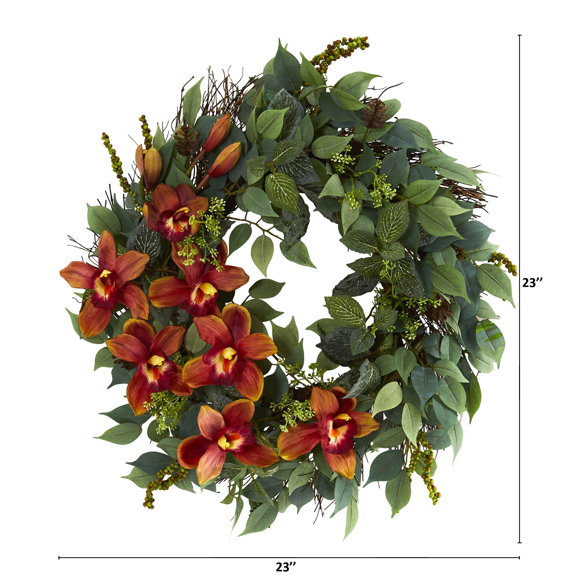 23” Mixed Greens and Cymbidium Orchid Artificial Wreath - Image 2