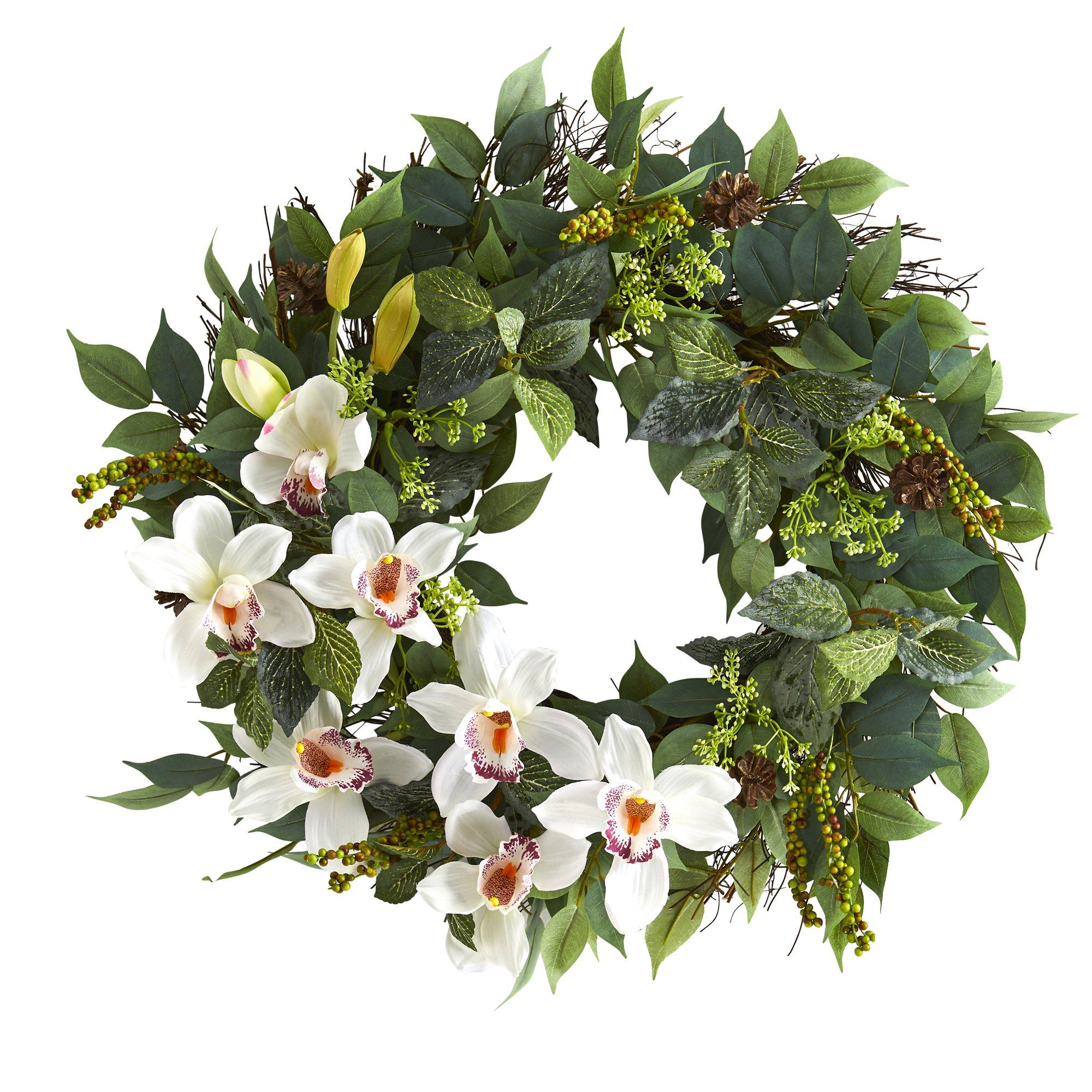 23” Mixed Greens and Cymbidium Orchid Artificial Wreath - Image 3