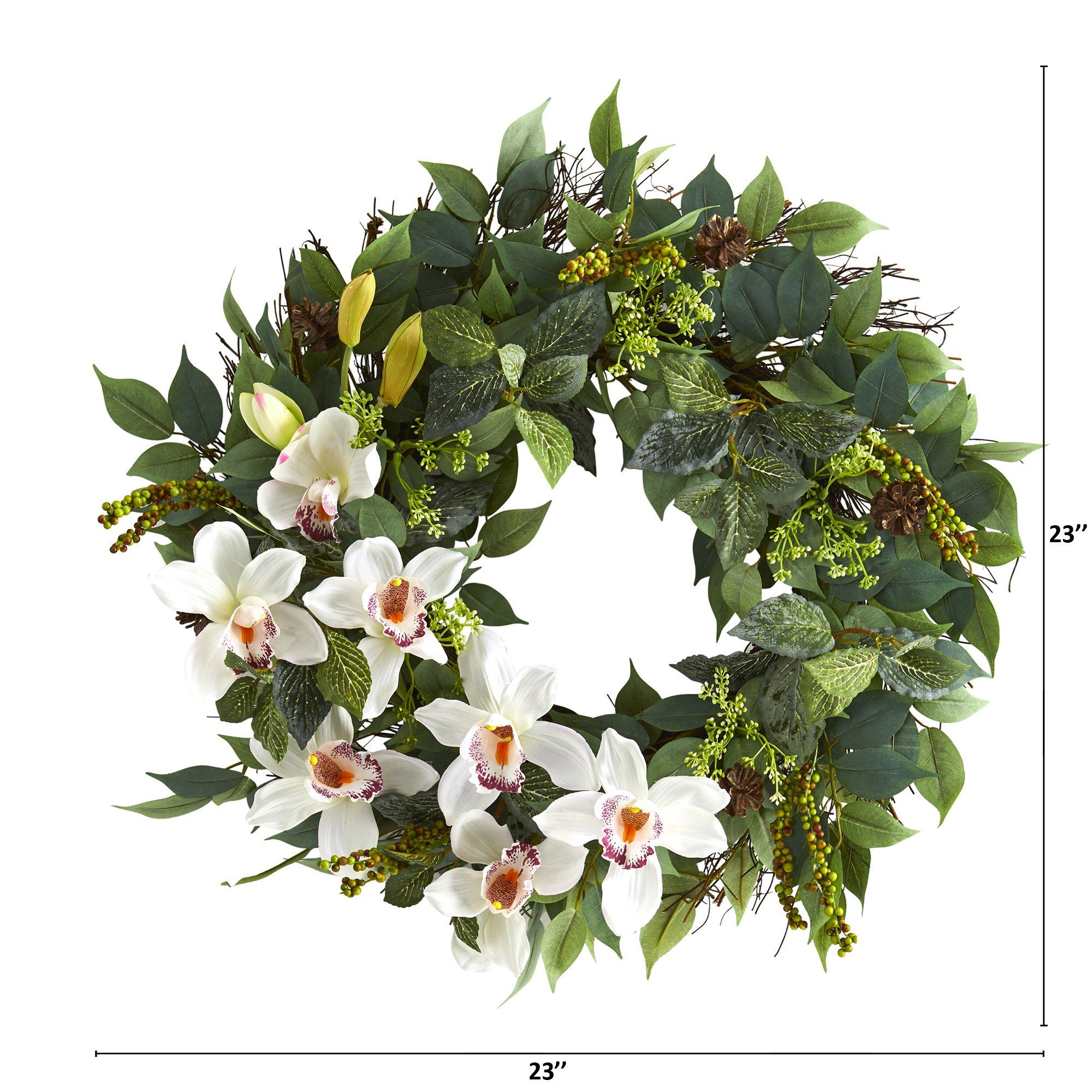 23” Mixed Greens and Cymbidium Orchid Artificial Wreath - Image 4