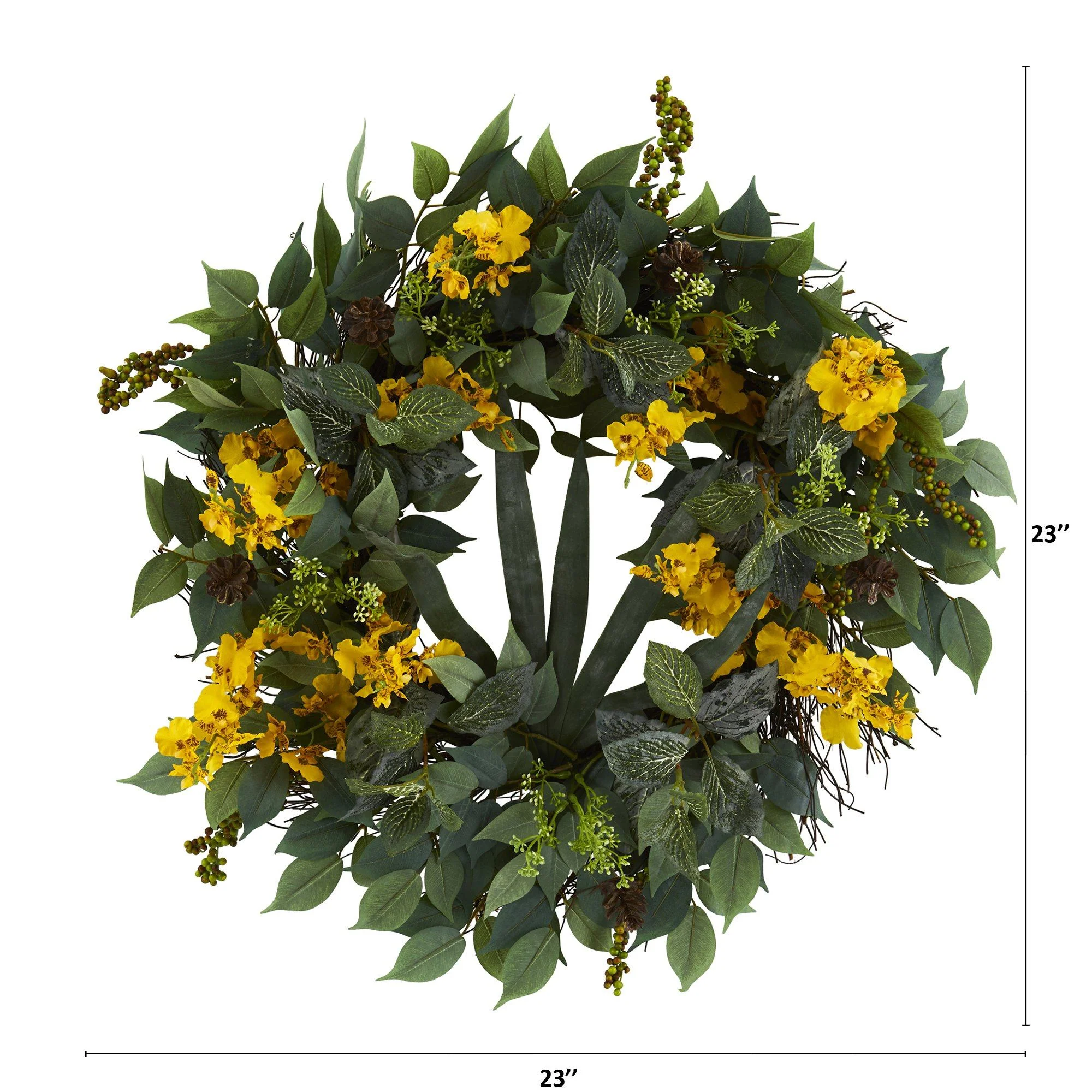 23” Mixed Greens and Dancing Lady Orchid Artificial Wreath - Image 4
