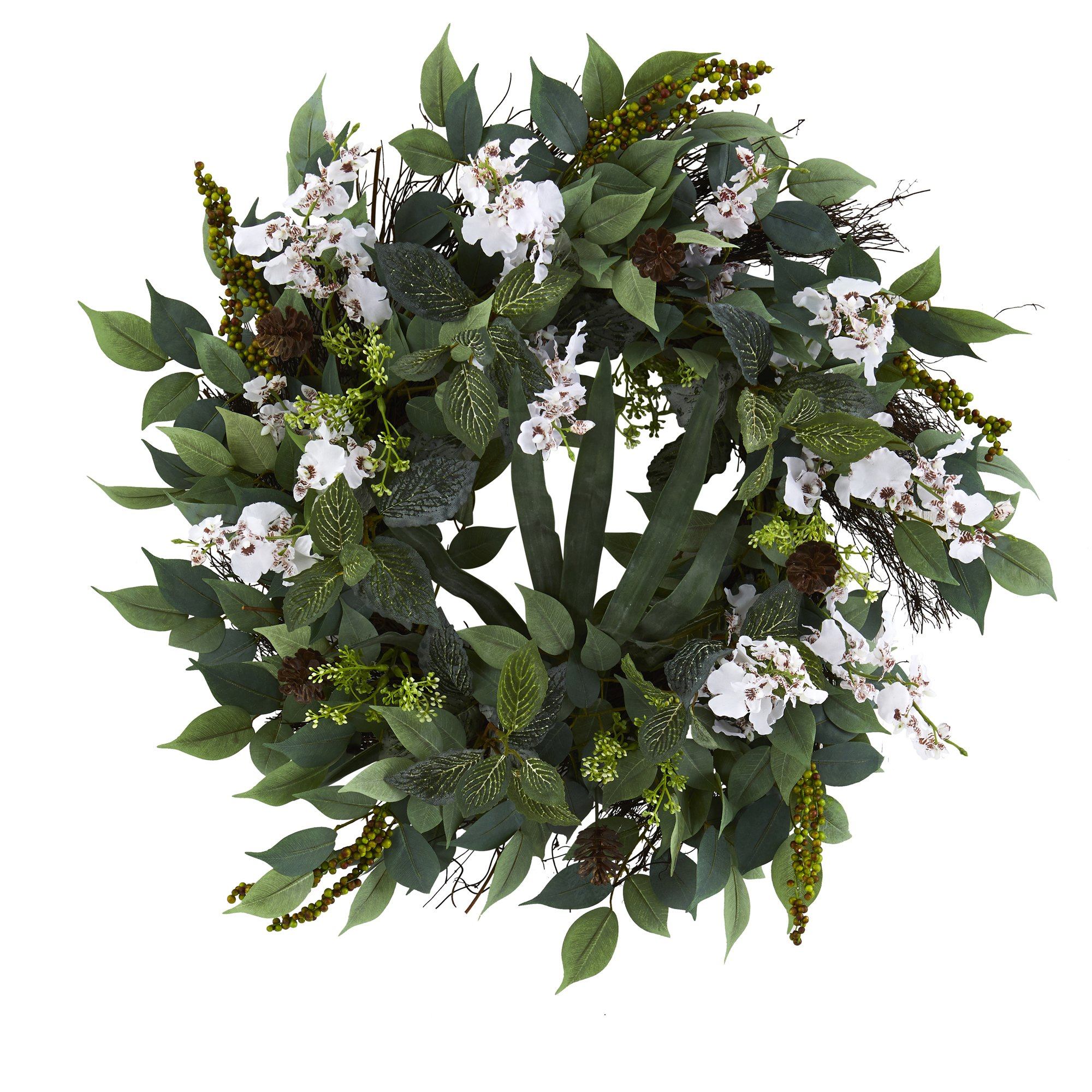 23” Mixed Greens and Dancing Lady Orchid Artificial Wreath - Image 5