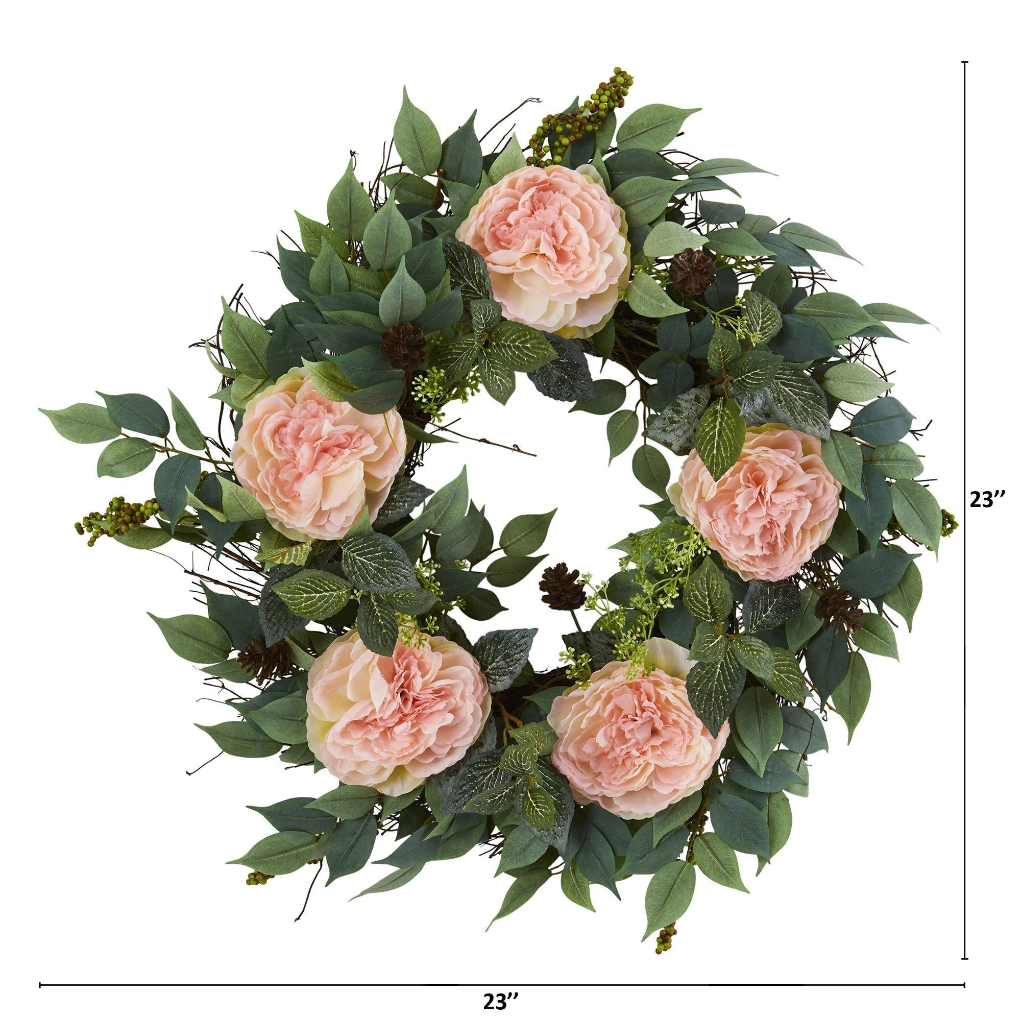 23” Mixed Greens and Peony Artificial Wreath - Image 2
