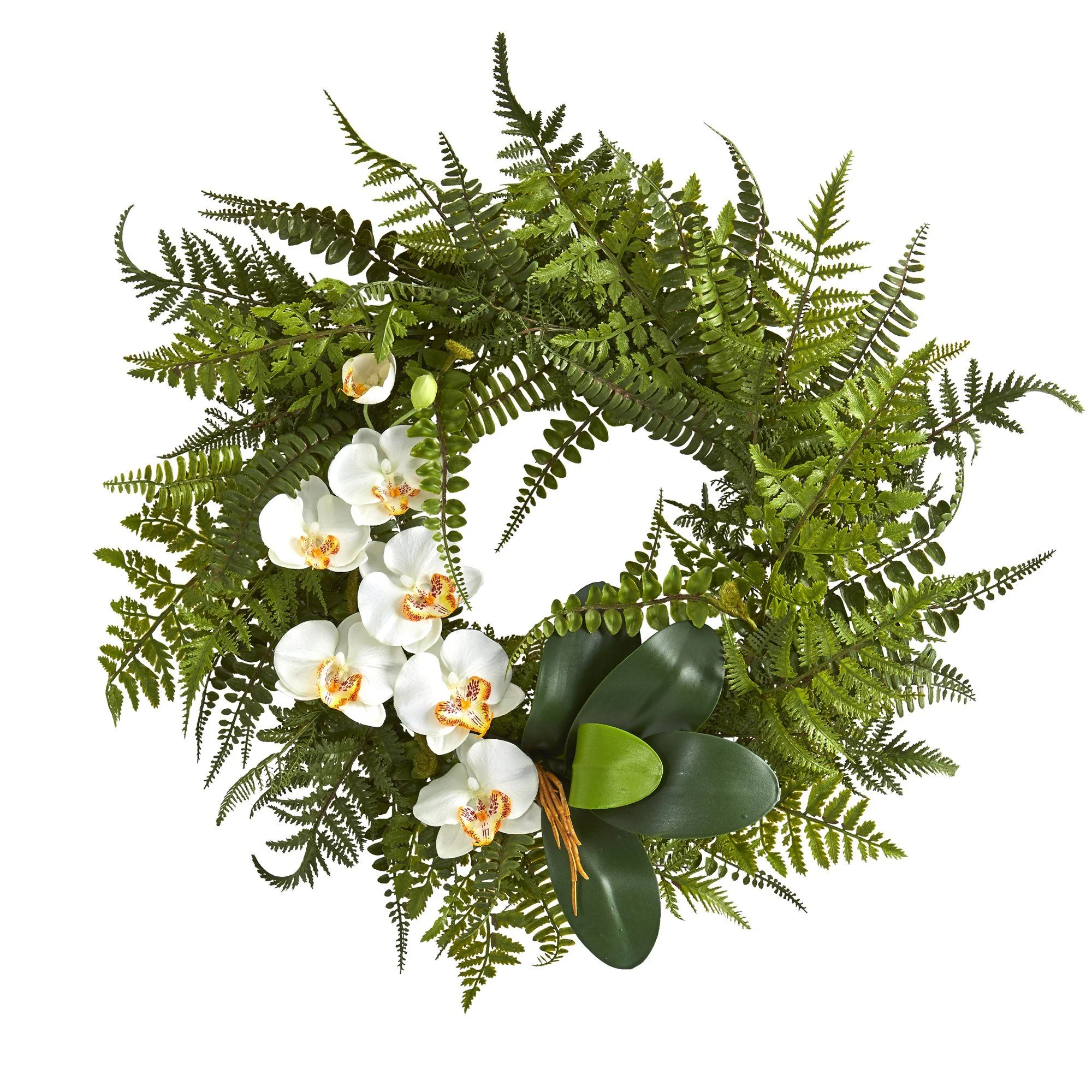 23” Mixed Greens and Phalaenopsis Orchid Artificial Wreath - Image 3