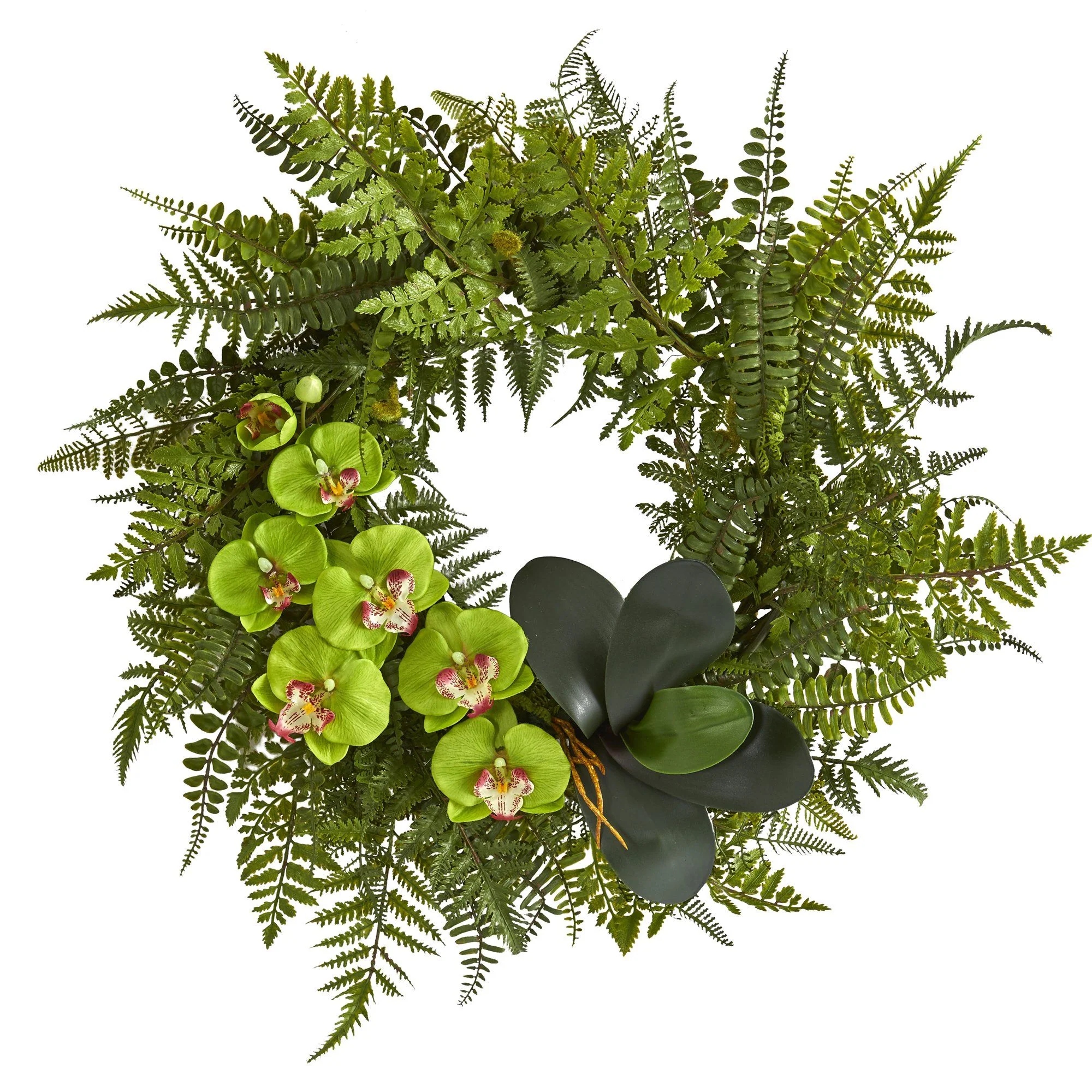 23” Mixed Greens and Phalaenopsis Orchid Artificial Wreath - Image 5