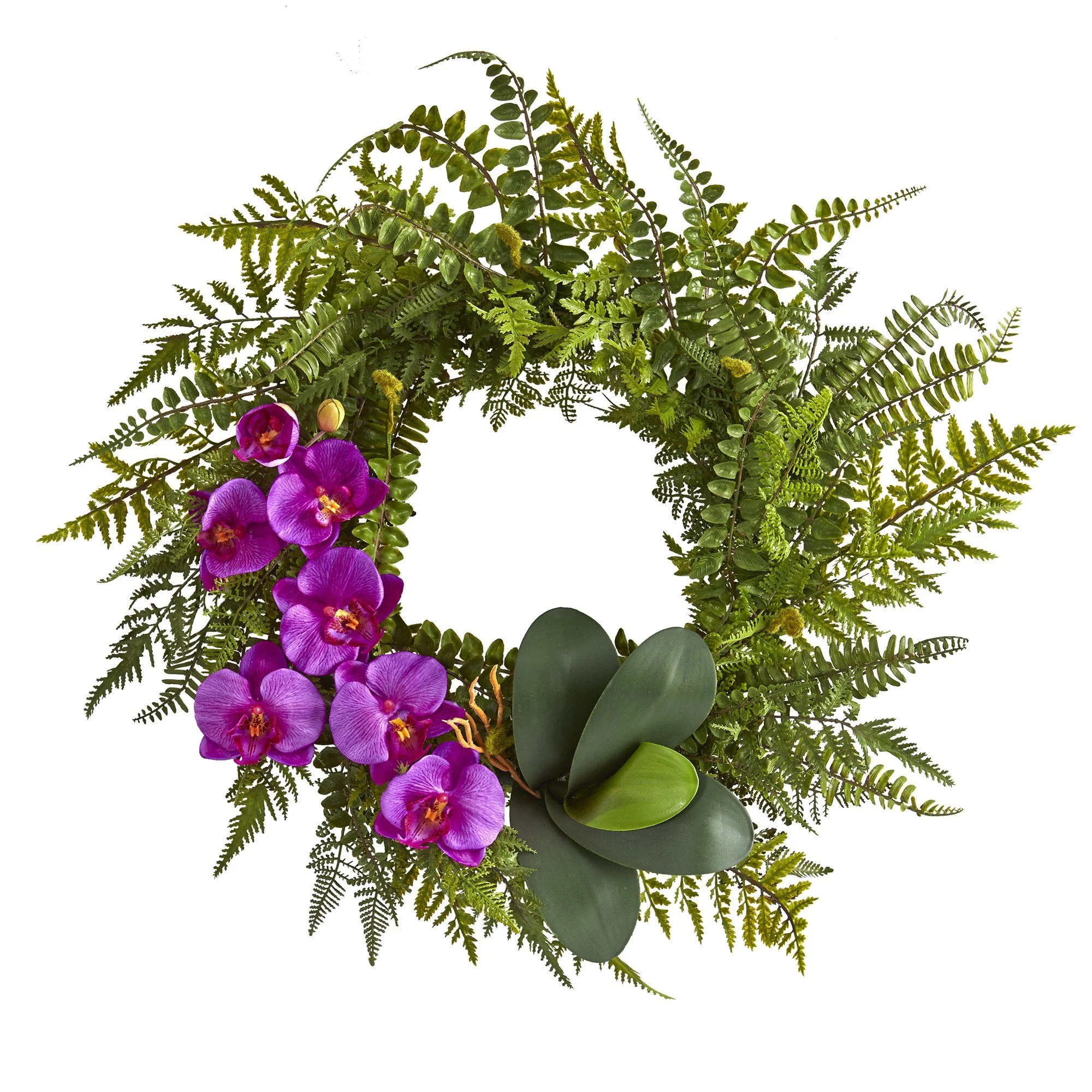 23” Mixed Greens and Phalaenopsis Orchid Artificial Wreath - Image 7