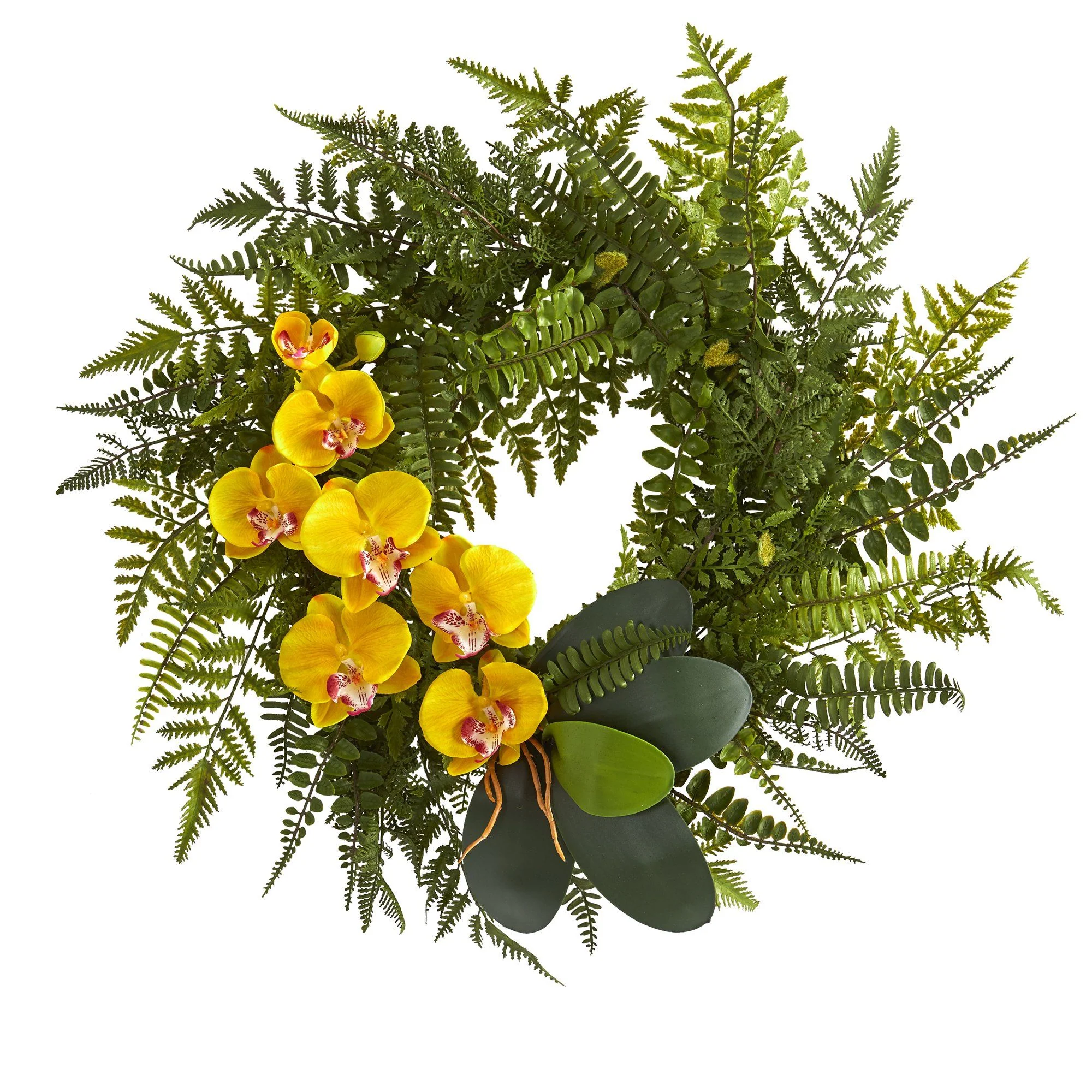 23” Mixed Greens and Phalaenopsis Orchid Artificial Wreath - Image 9