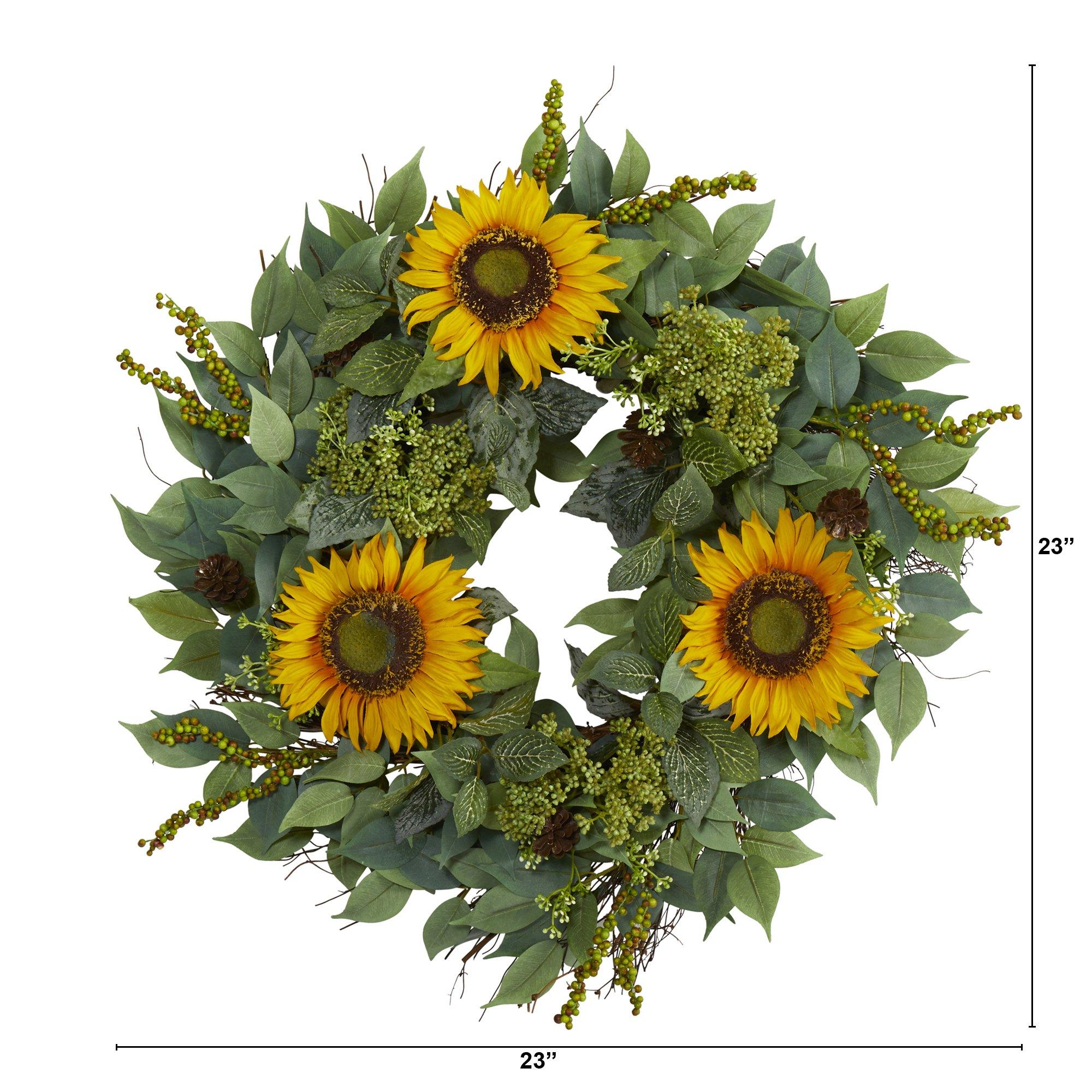 23” Mixed Greens and Sunflower Artificial Wreath - Image 2