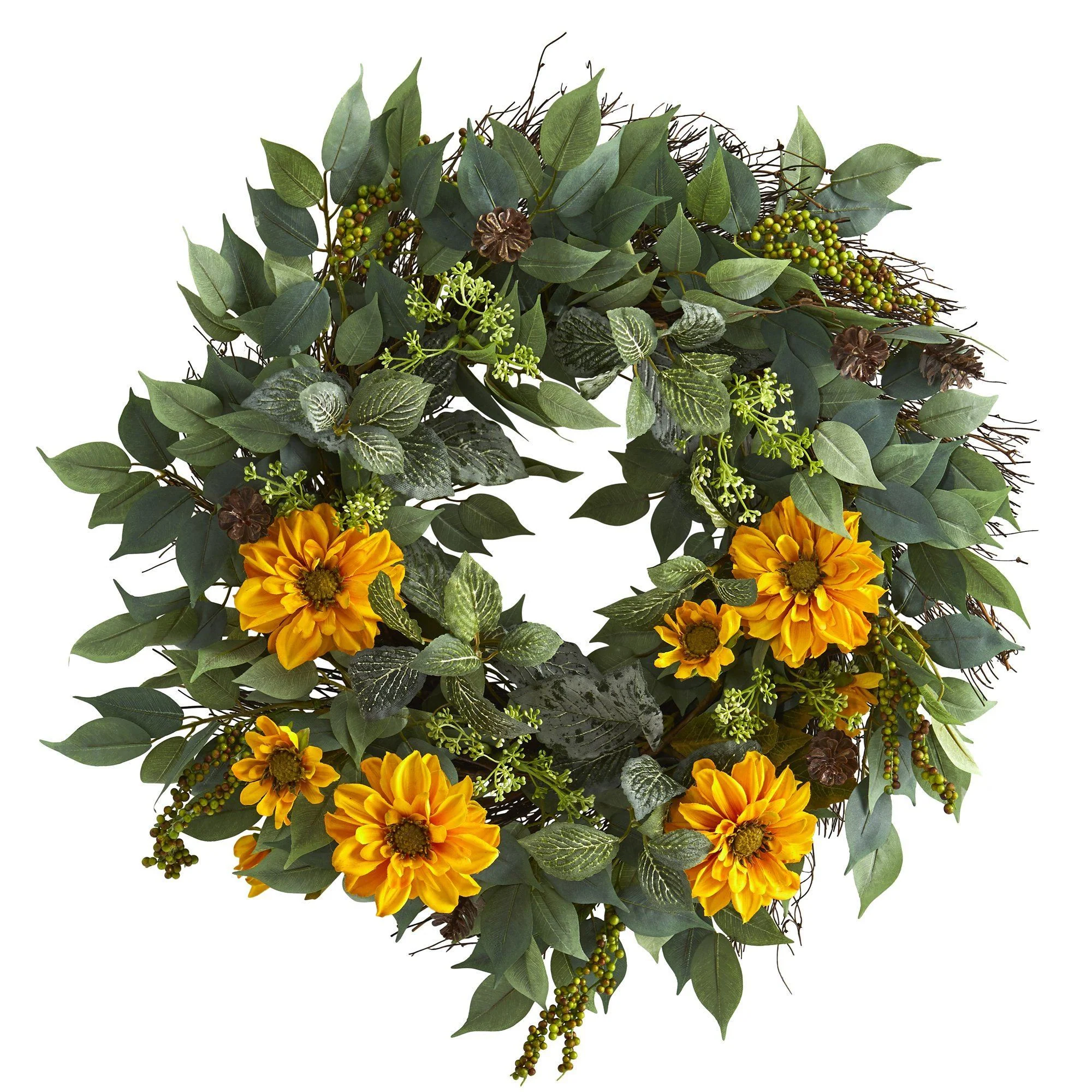 23” Mixed Greens and Zinnia Artificial Wreath
