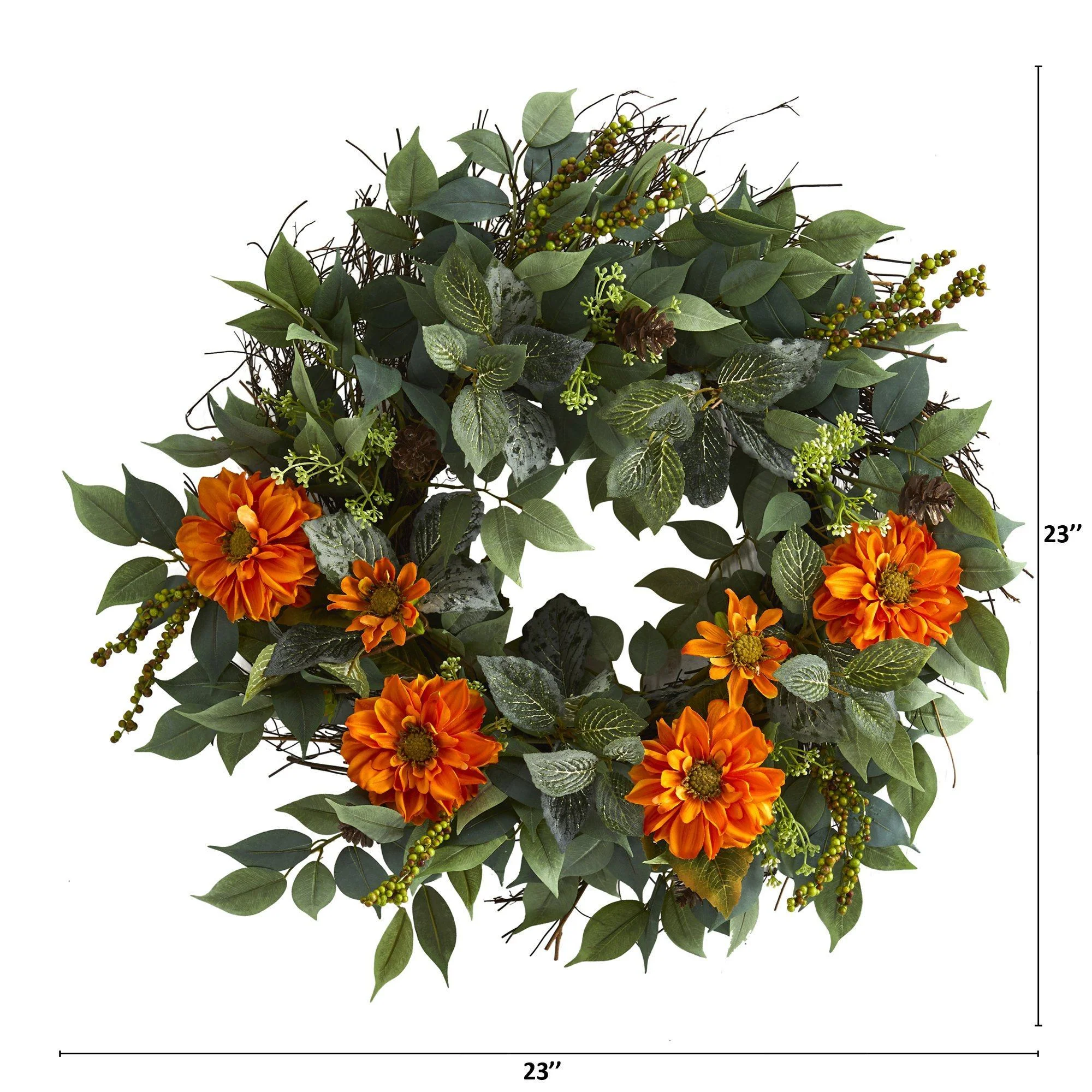 23” Mixed Greens and Zinnia Artificial Wreath - Image 4