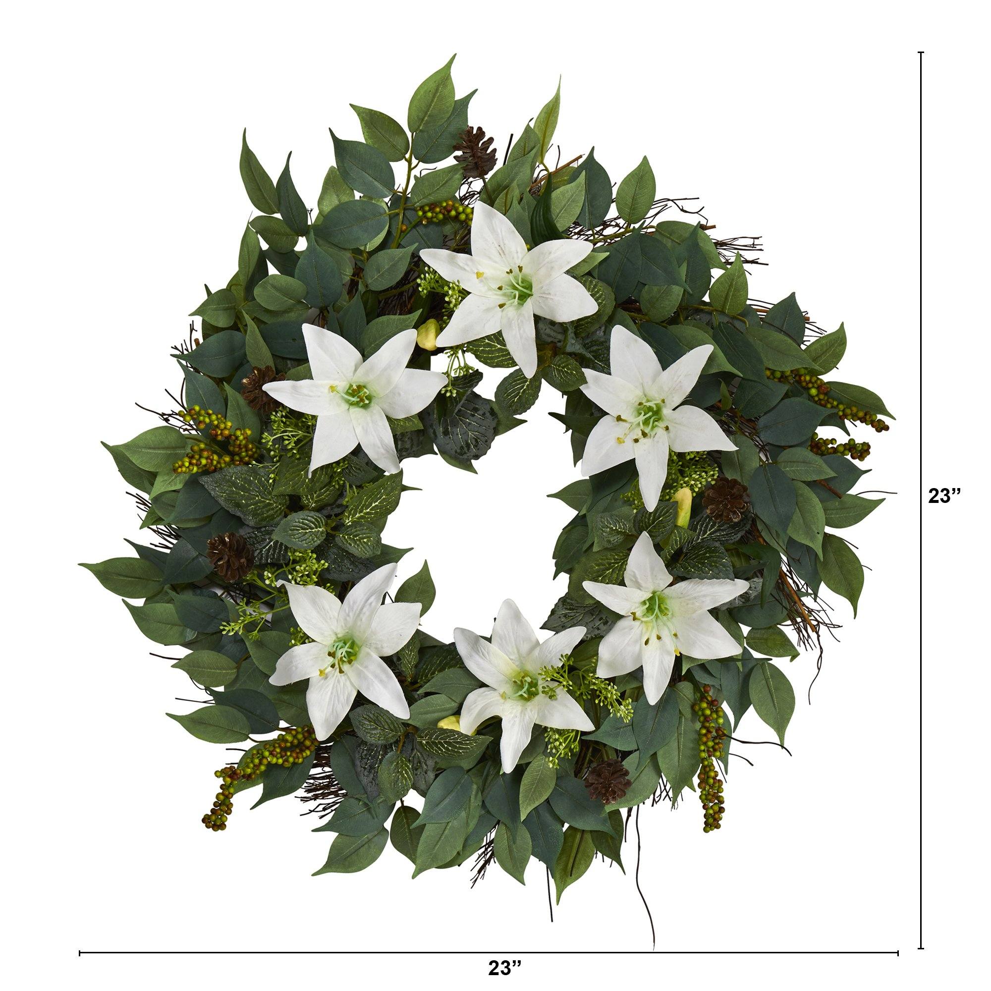 23” Mixed Ruscus, Lily, Fittonia and Berries Artificial Wreath - Image 2