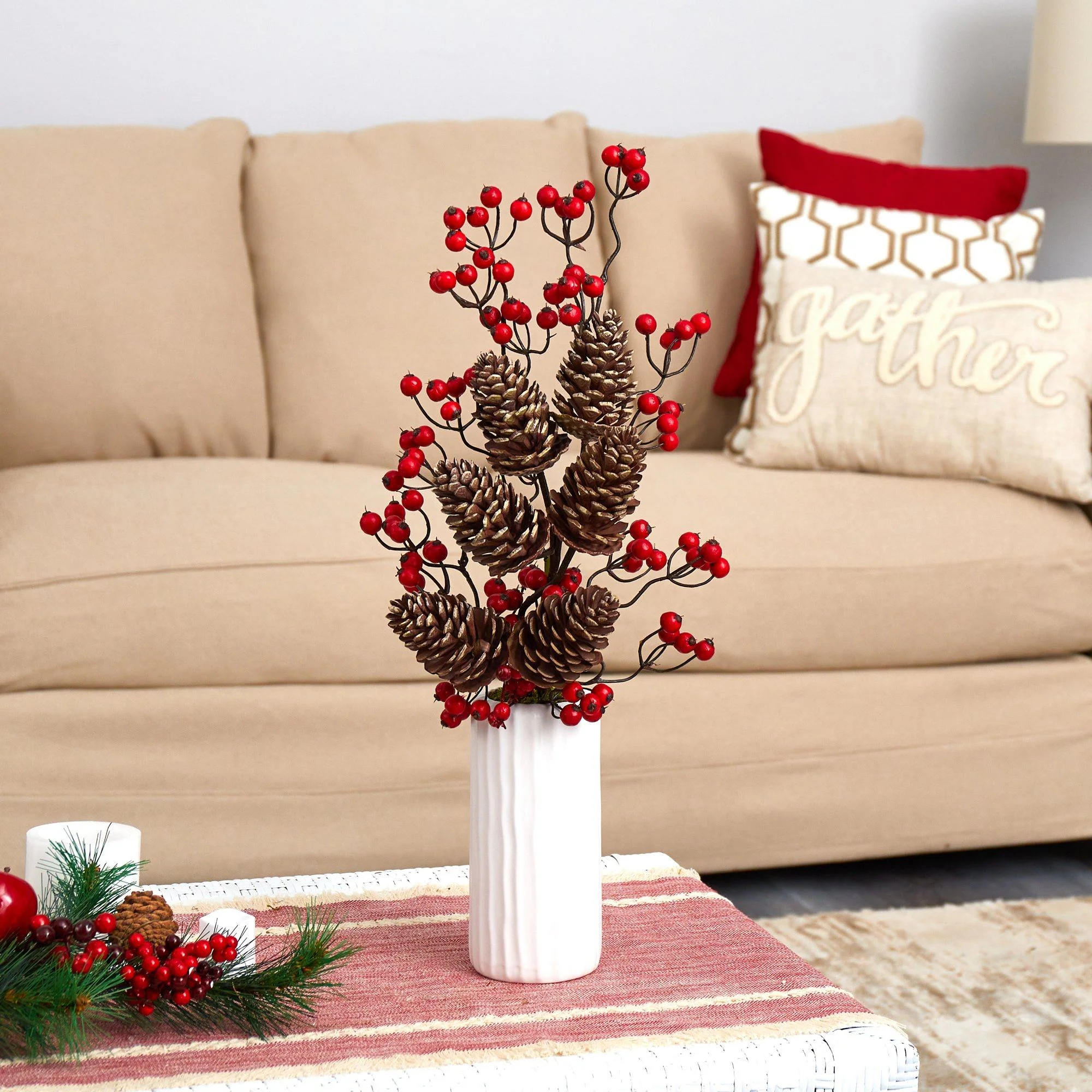 23” Pinecone and Berries Artificial Arrangement in White Vase - Image 2