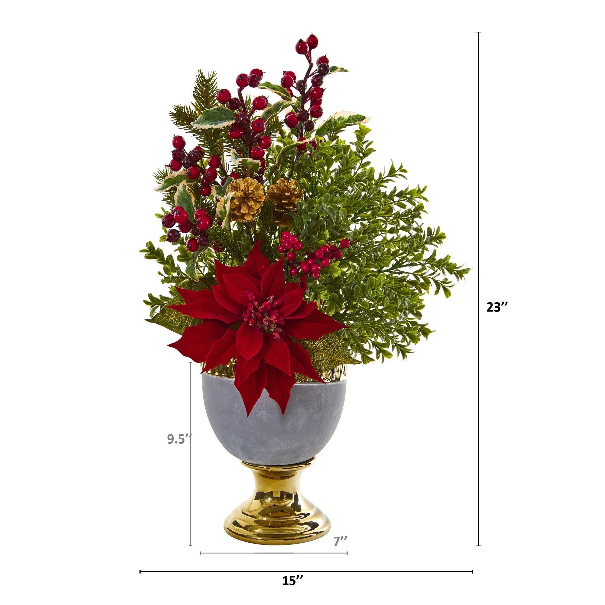 23” Poinsettia and Boxwood Artificial Arrangement in Stoneware Urn with Gold Trimming - Image 2