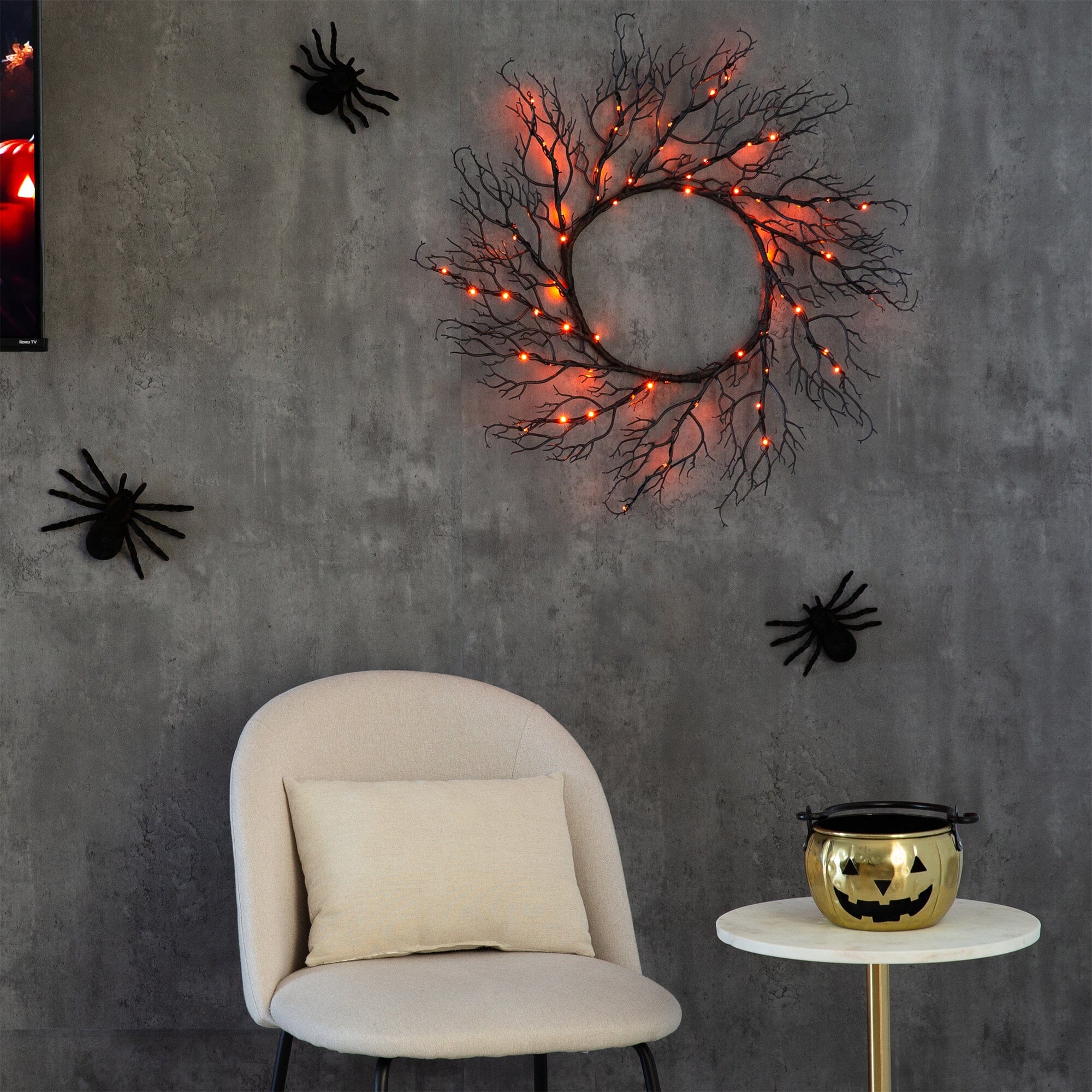 23” Pre-Lit Halloween Black Fall Wreath with 60 Orange & Purple LED Lights - Image 6