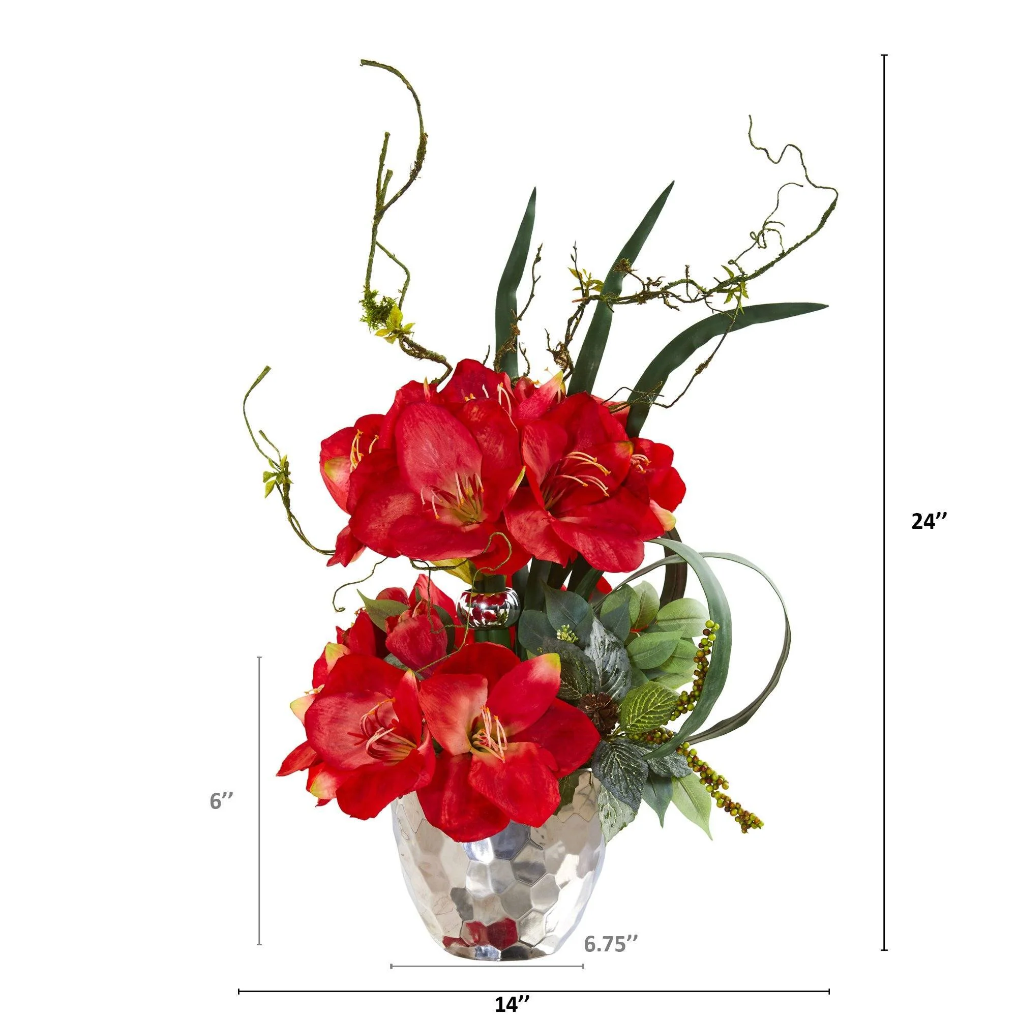 24” Amaryllis and Mixed Greens Arrangement in Silver Bowl - Image 2