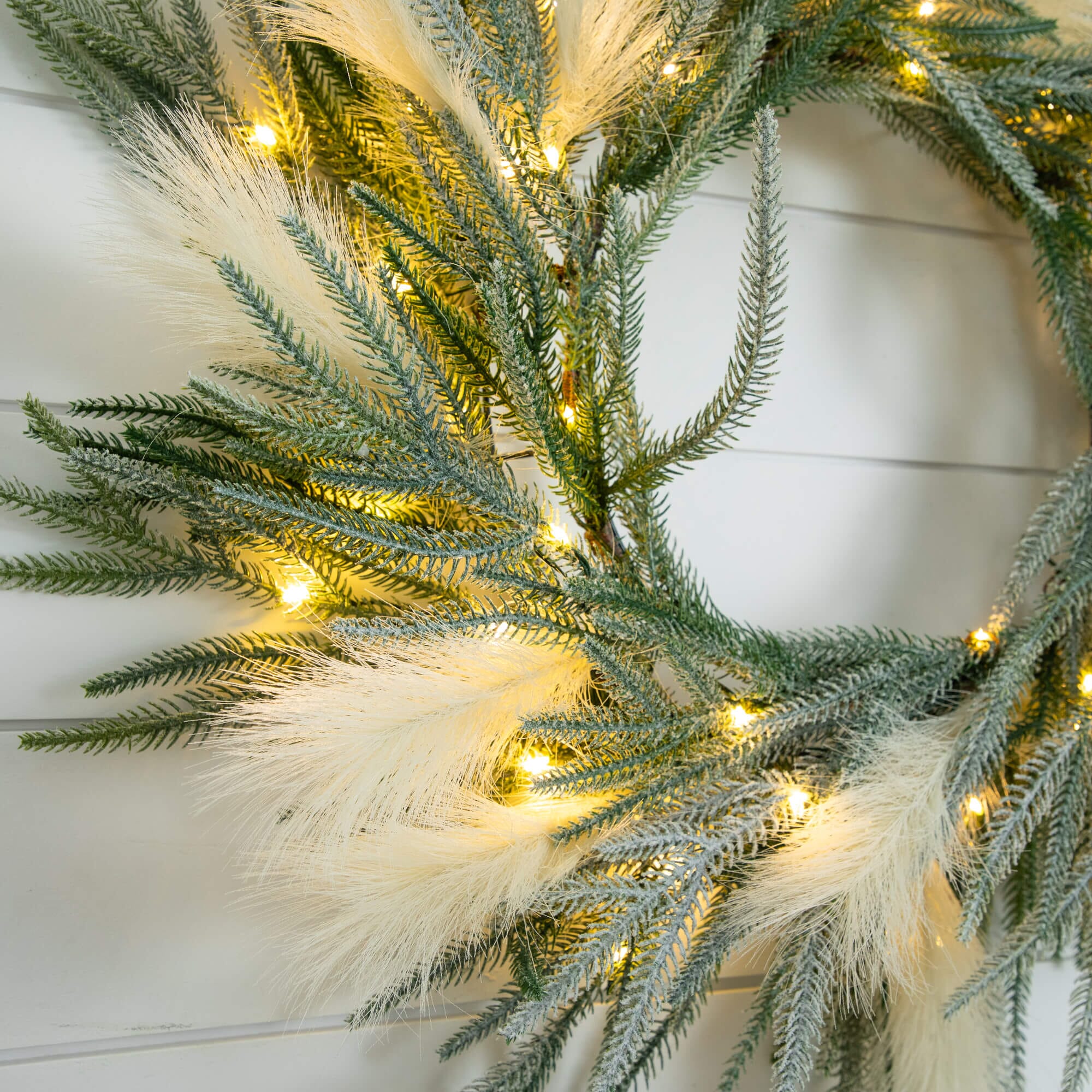 24" Artificial Balsma Fir Pine and Pampas Wreath with 50 Color Changing LED Lights - Image 2