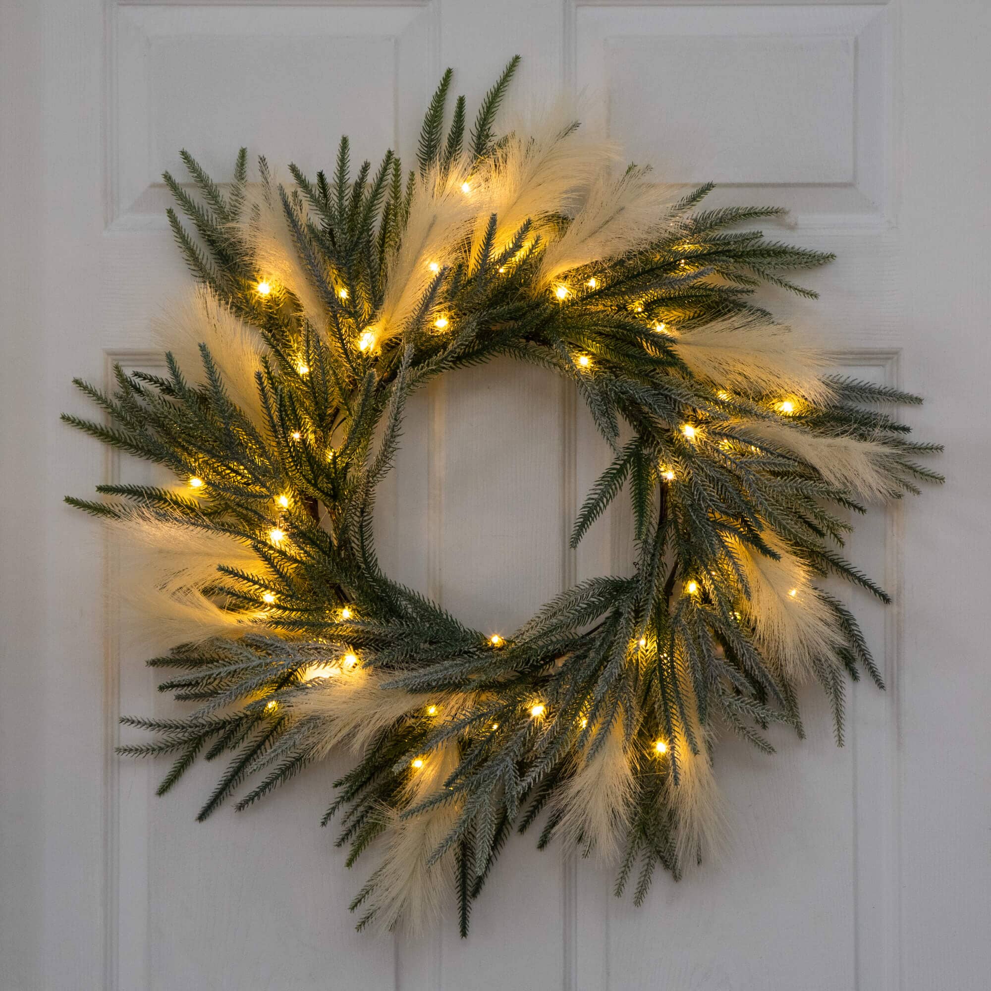 24" Artificial Balsma Fir Pine and Pampas Wreath with 50 Color Changing LED Lights - Image 3
