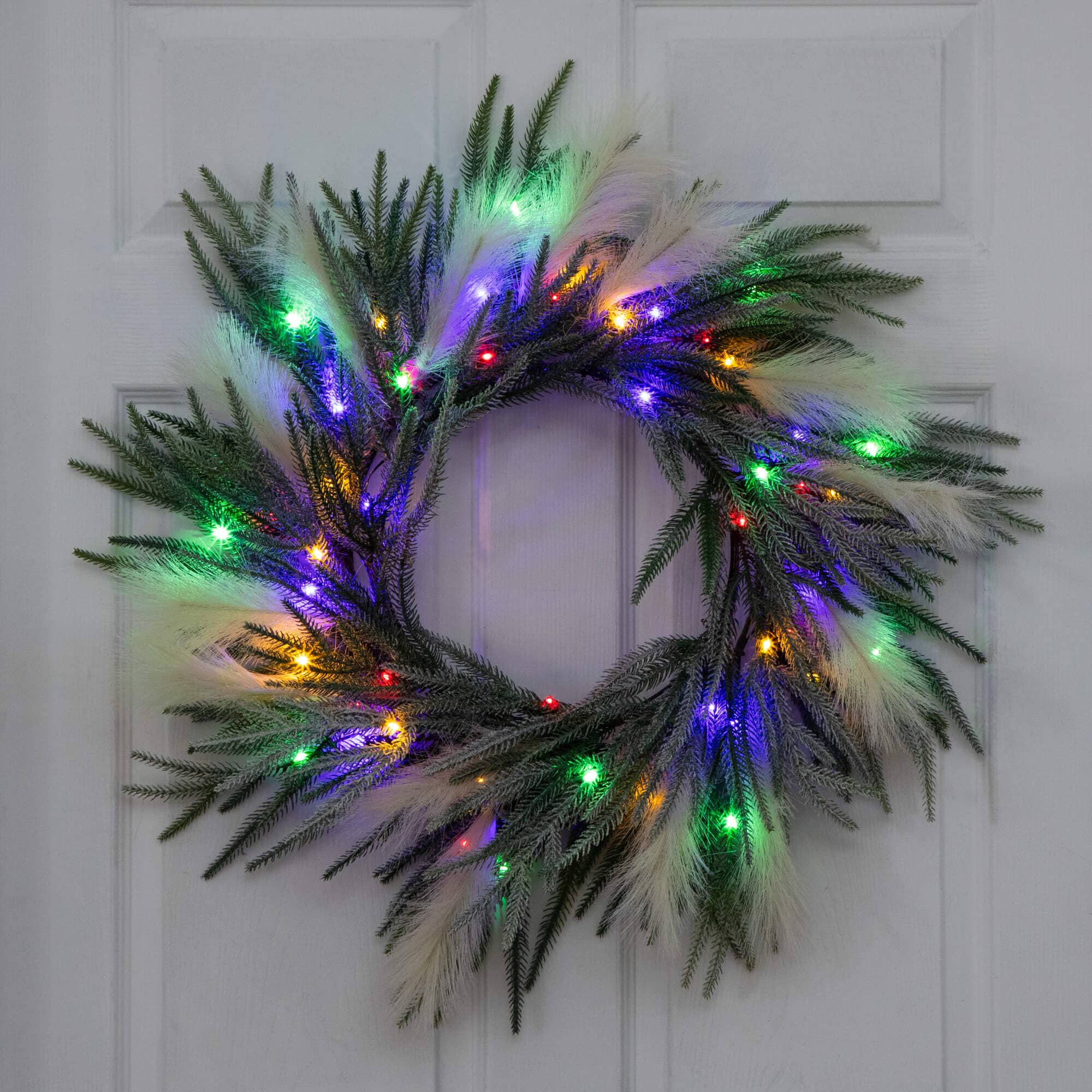 24" Artificial Balsma Fir Pine and Pampas Wreath with 50 Color Changing LED Lights - Image 5