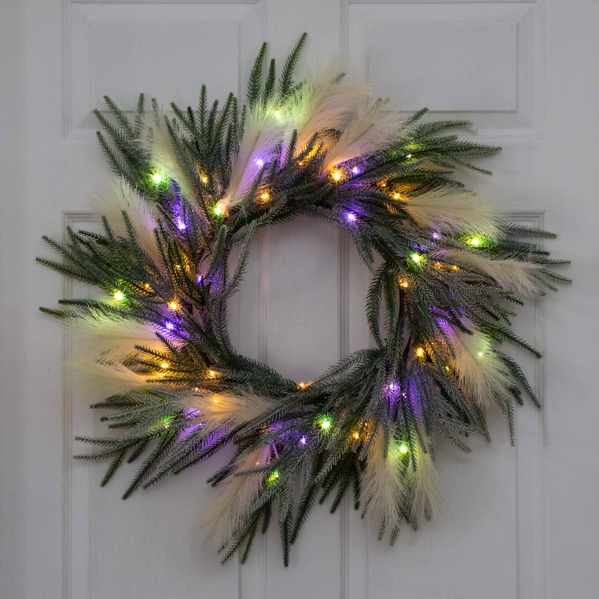 24" Artificial Balsma Fir Pine and Pampas Wreath with 50 Color Changing LED Lights - Image 7