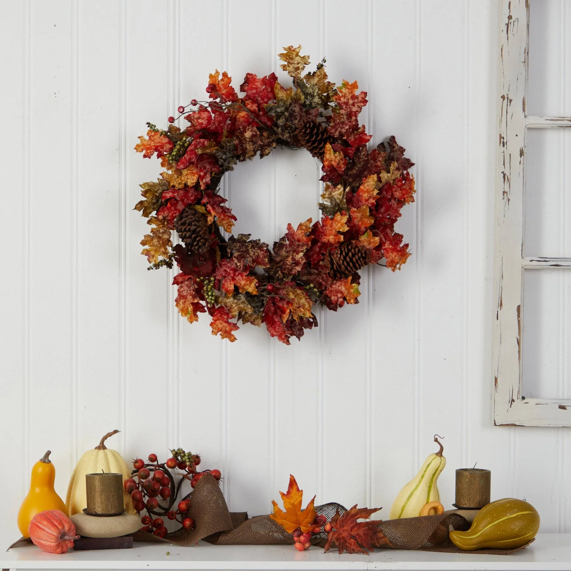 24” Autumn Maple, Berries and Pinecone Fall Artificial Wreath - Image 5