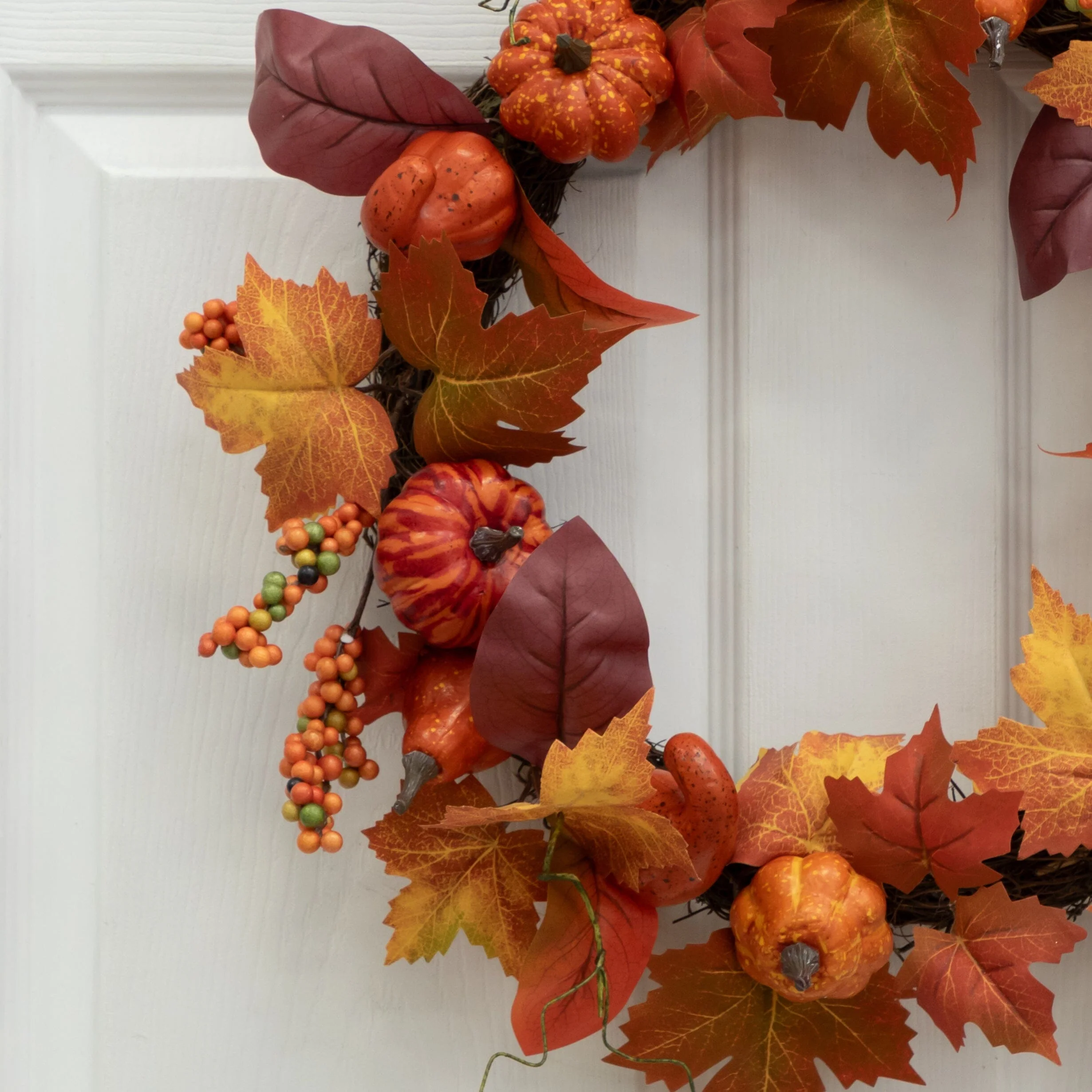 24” Autumn Maple Leaves, Pumpkin, Pinecone and Berries Artificial Fall Wreath - Image 4