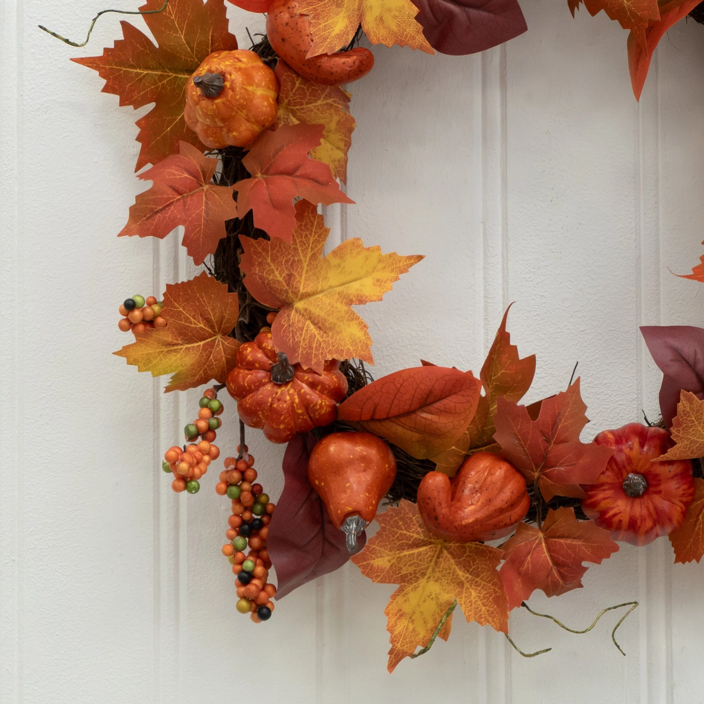 24” Autumn Maple Leaves, Pumpkin, Pinecone and Berries Artificial Fall Wreath - Image 6