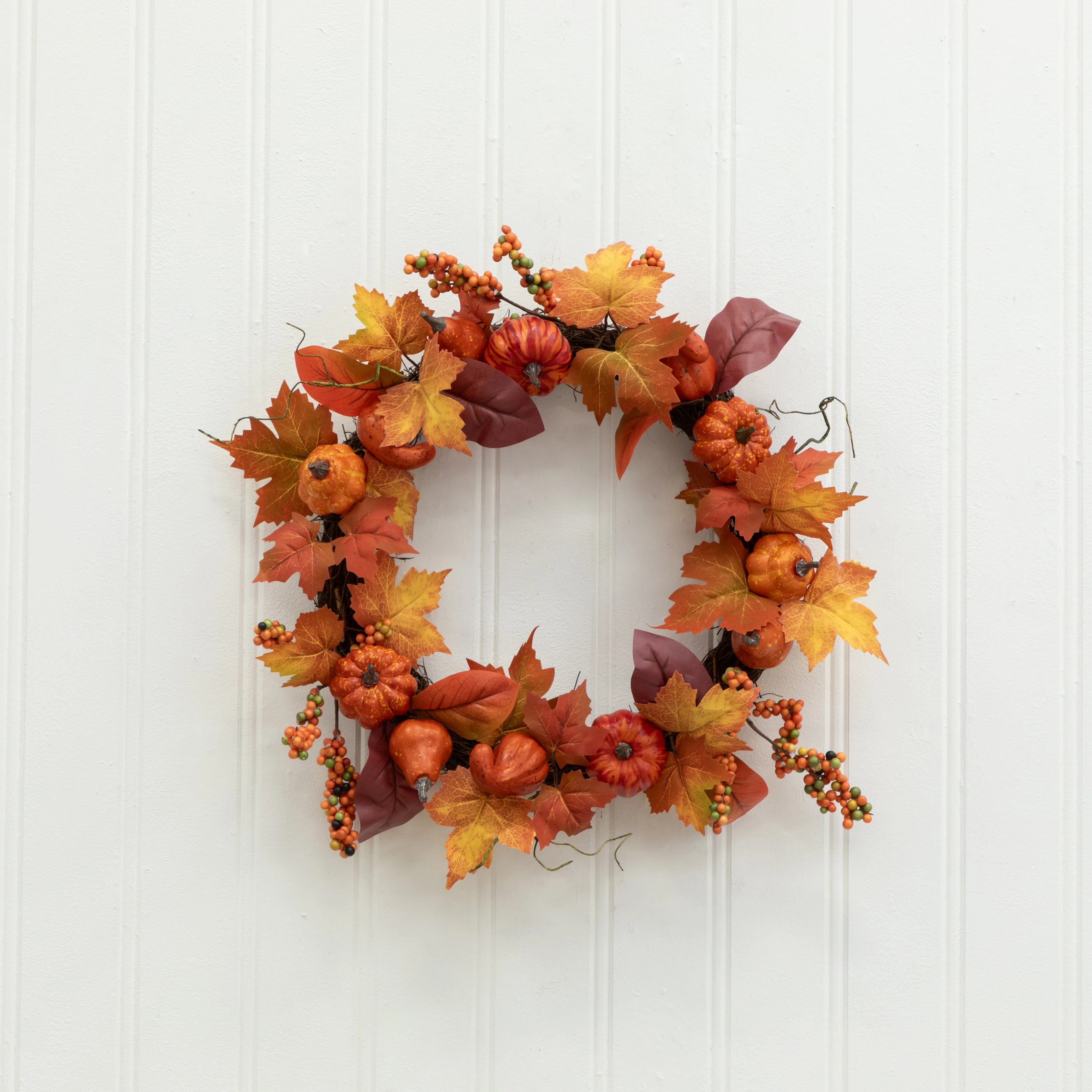 24” Autumn Maple Leaves, Pumpkin, Pinecone and Berries Artificial Fall Wreath - Image 9