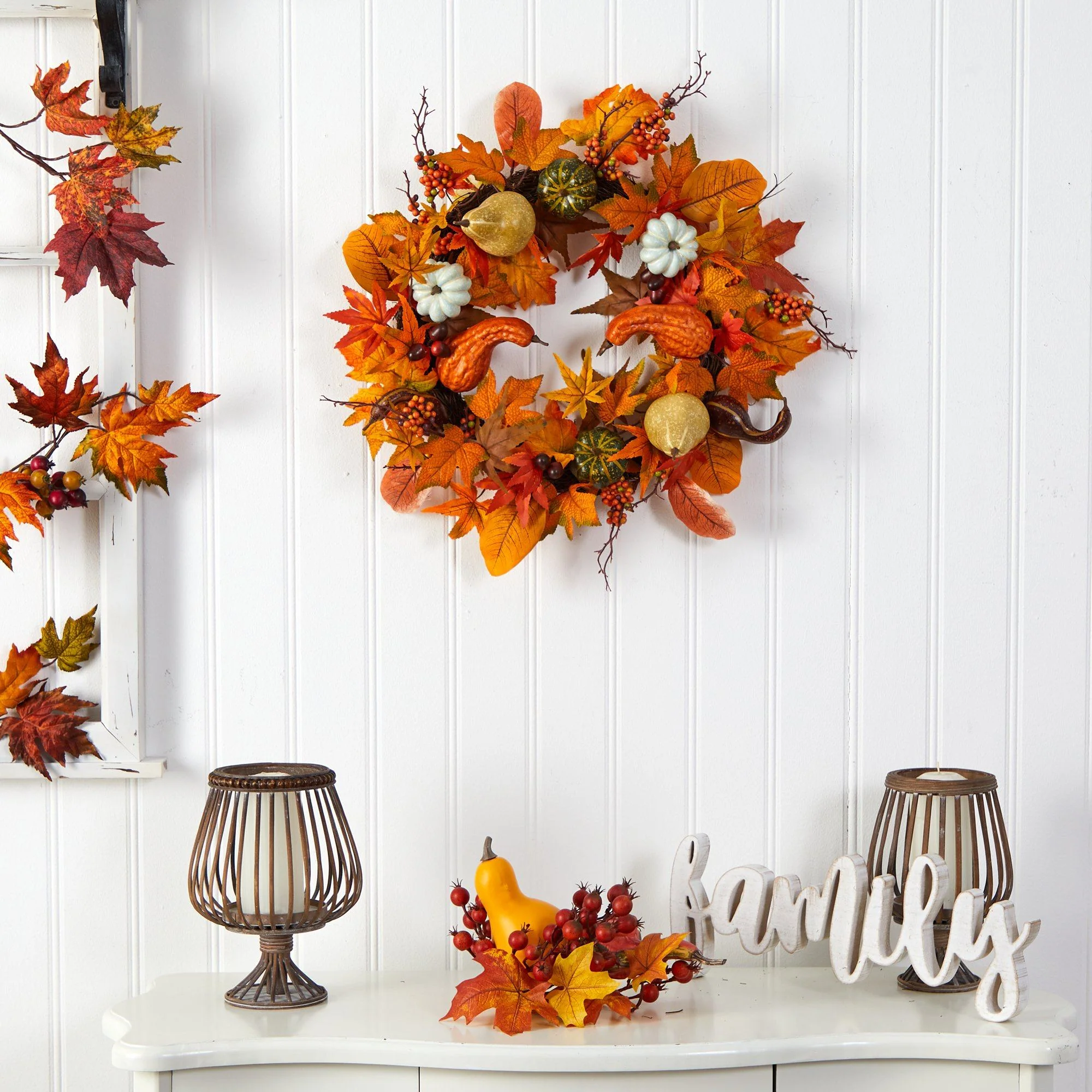 24” Autumn Pumpkin, Gourd and Berries in Assorted Colors Artificial Fall Wreath - Image 3
