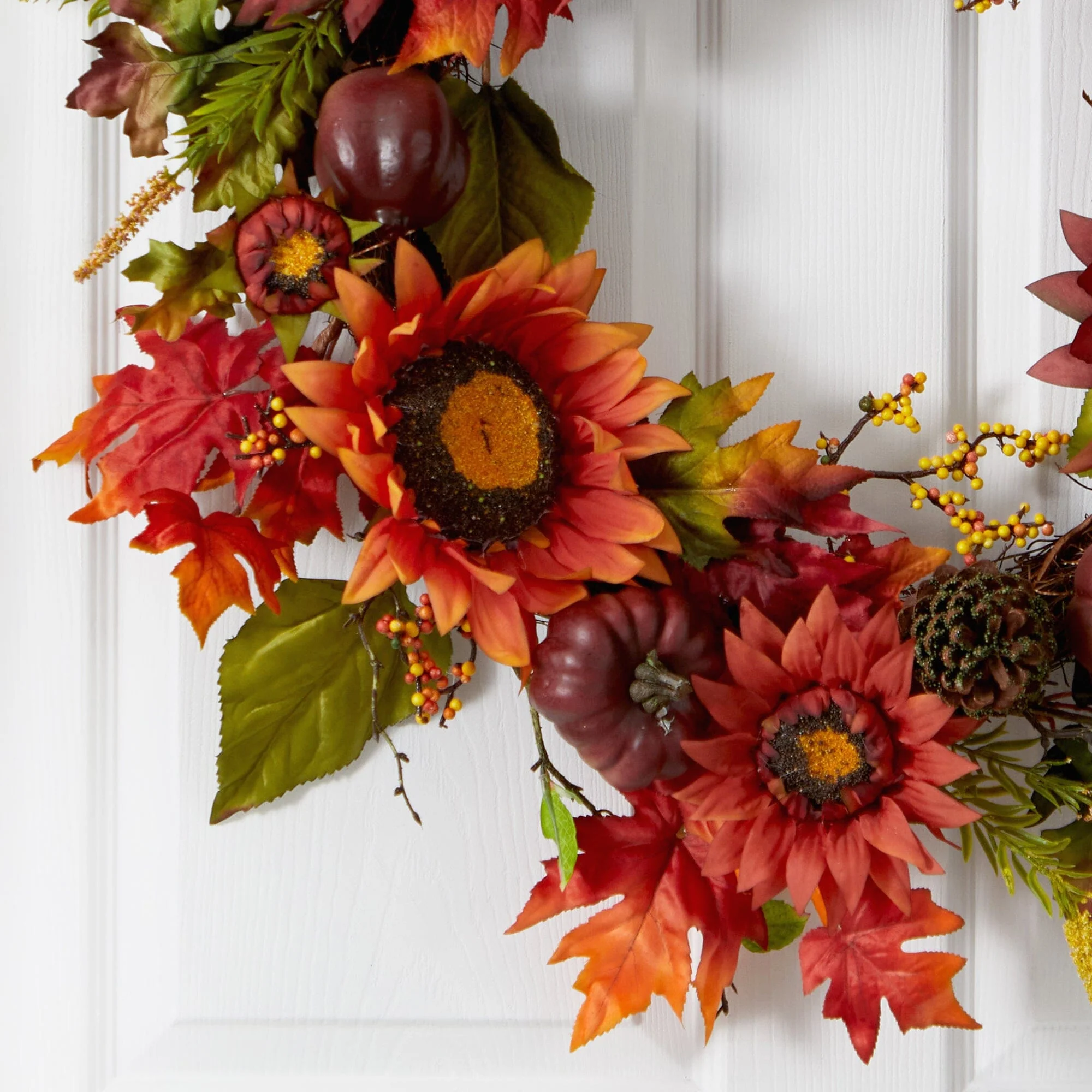 24” Autumn Sunflower, Pumpkin, Pinecone and Berries Fall Artificial Wreat - Image 2