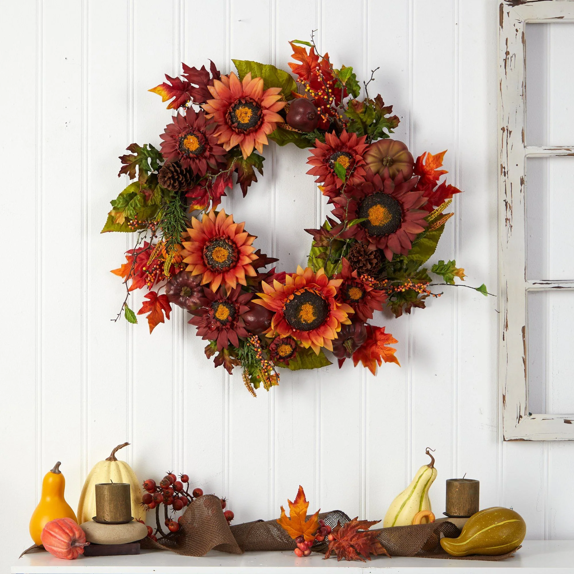 24” Autumn Sunflower, Pumpkin, Pinecone and Berries Fall Artificial Wreat - Image 3