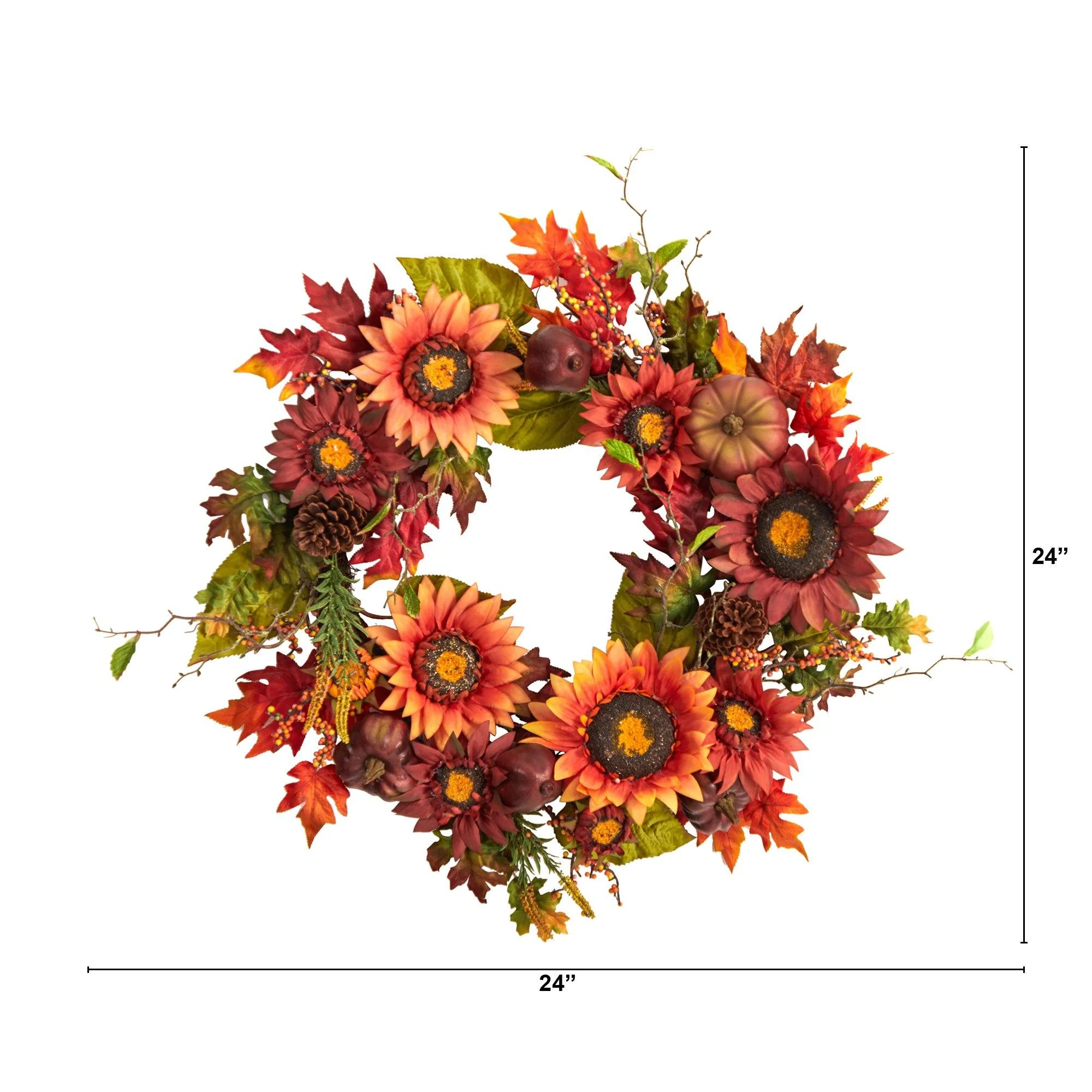 24” Autumn Sunflower, Pumpkin, Pinecone and Berries Fall Artificial Wreat - Image 4