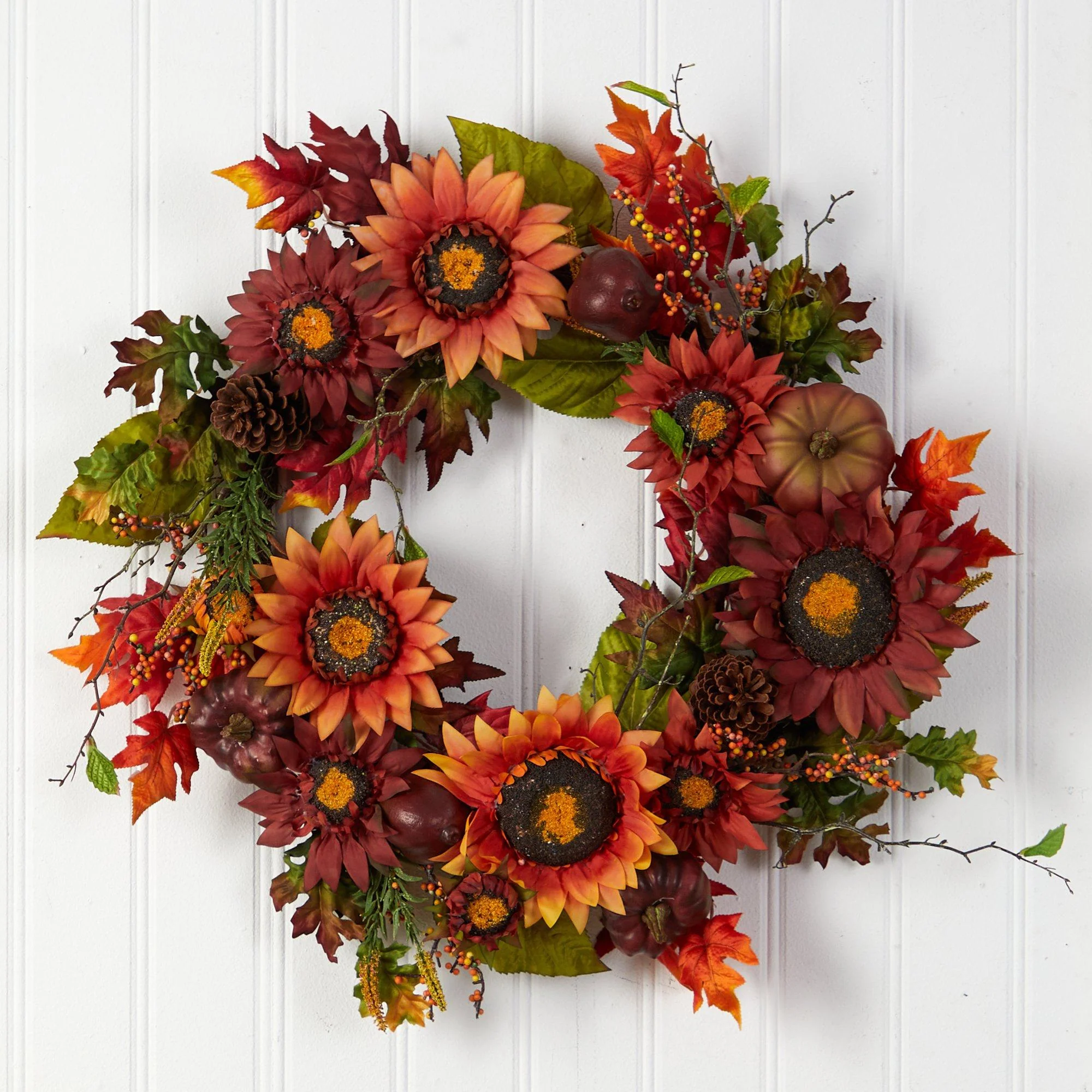 24” Autumn Sunflower, Pumpkin, Pinecone and Berries Fall Artificial Wreat - Image 5