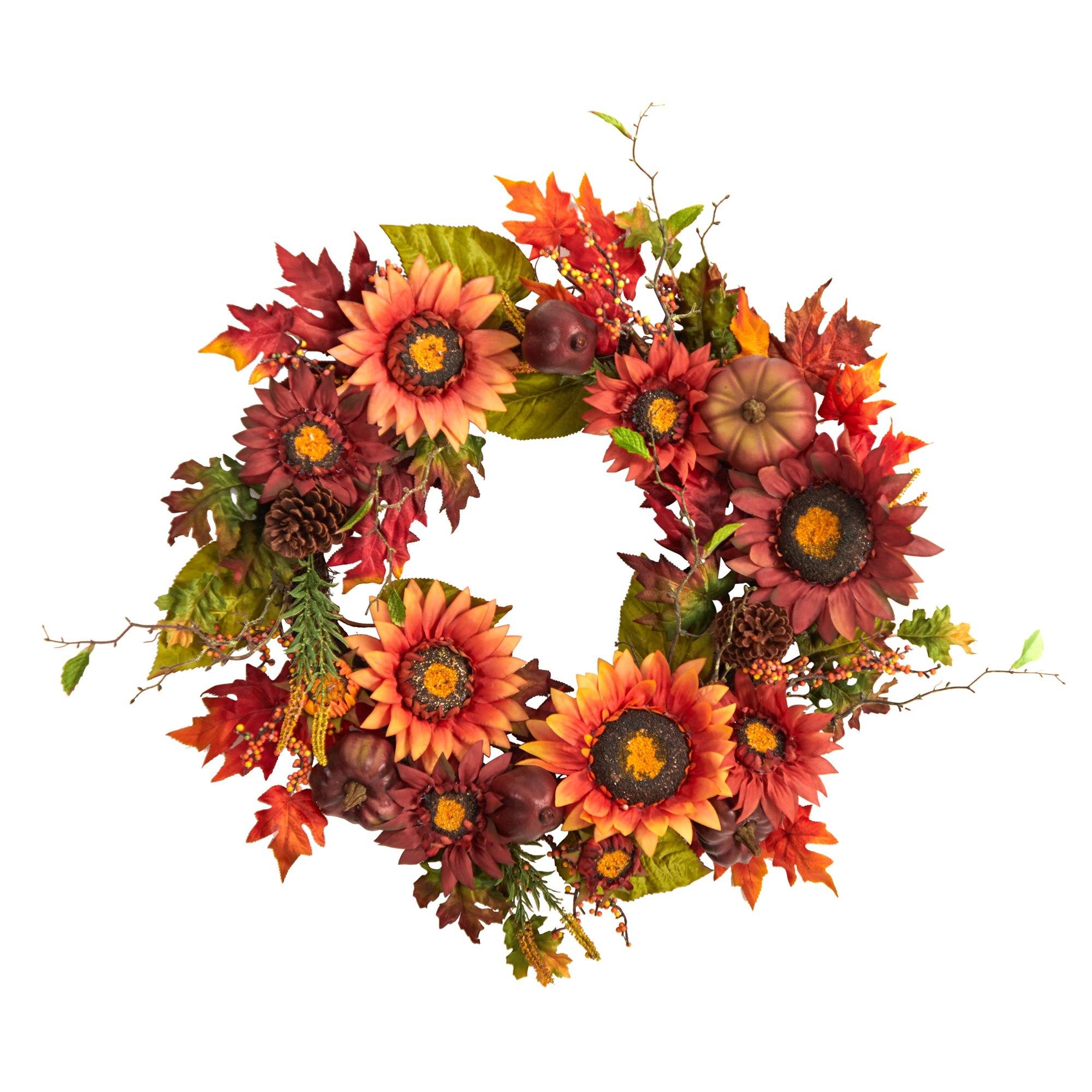24” Autumn Sunflower, Pumpkin, Pinecone and Berries Fall Artificial Wreat - Image 6