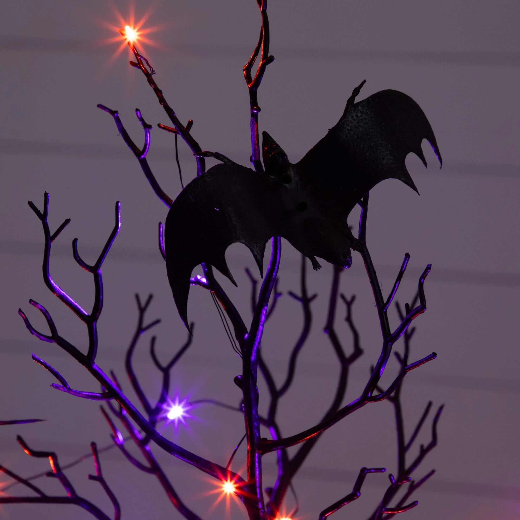 2' Pre-Lit Artificial Halloween Black Spooky Twig Tree with Bats and 40 Orange & Purple LED Lights - Image 2