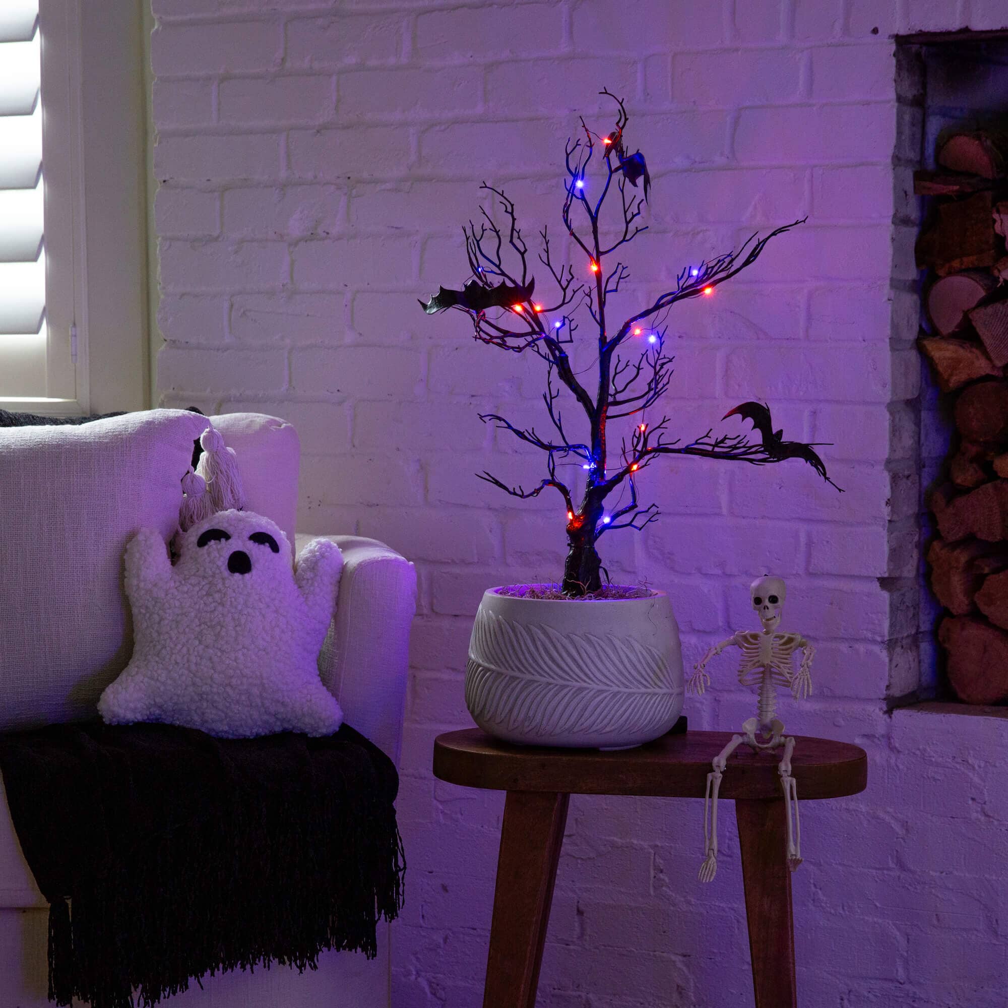 2' Pre-Lit Artificial Halloween Black Spooky Twig Tree with Bats and 40 Orange & Purple LED Lights - Image 3