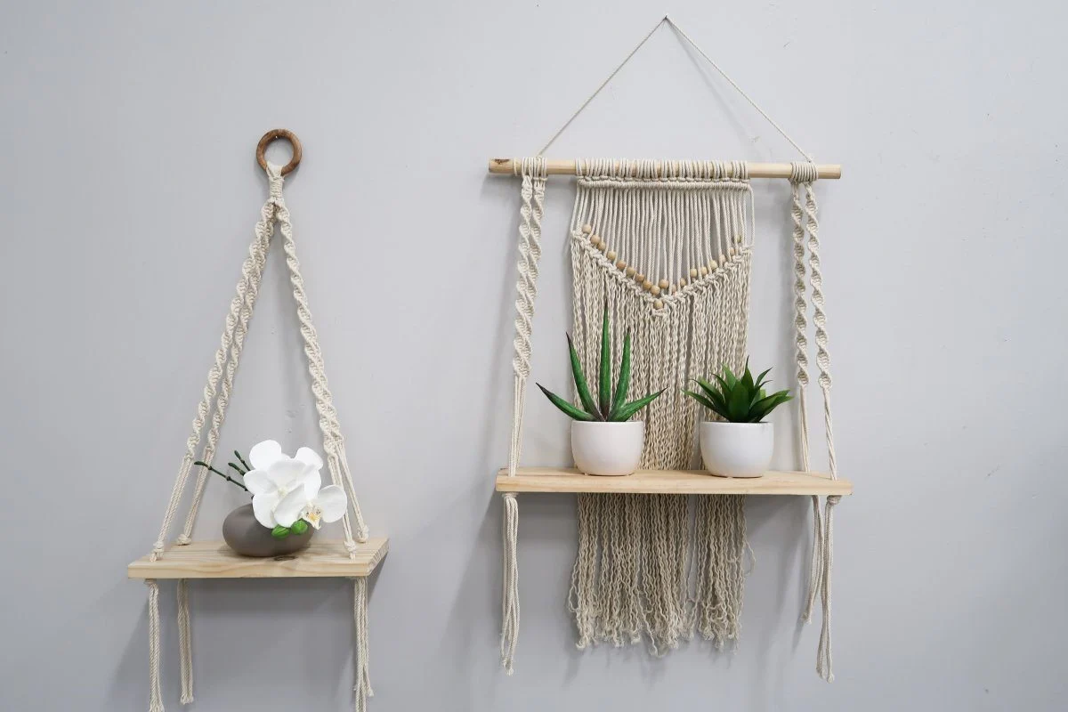 24" Boho Chic Wood Macrame Single Shelf Woven Beads Wall Art Décor" - Image 7
