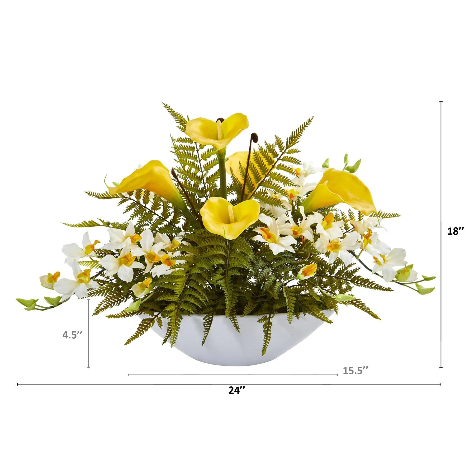 24” Calla Lilly, Dendrobium Orchid and Fern Artificial Arrangement in White Vase - Image 2