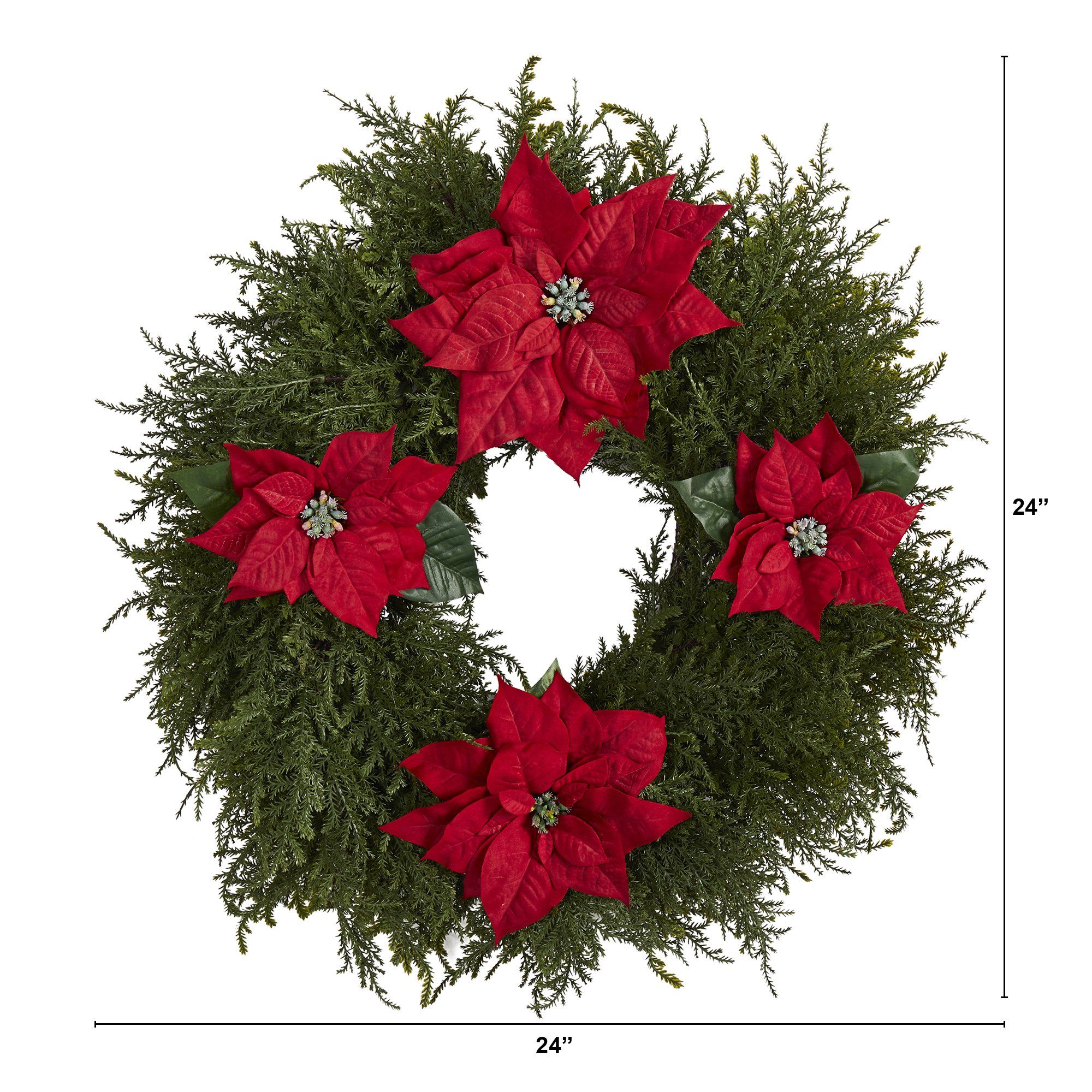 24” Cedar and Poinsettia Artificial Wreath - Image 2