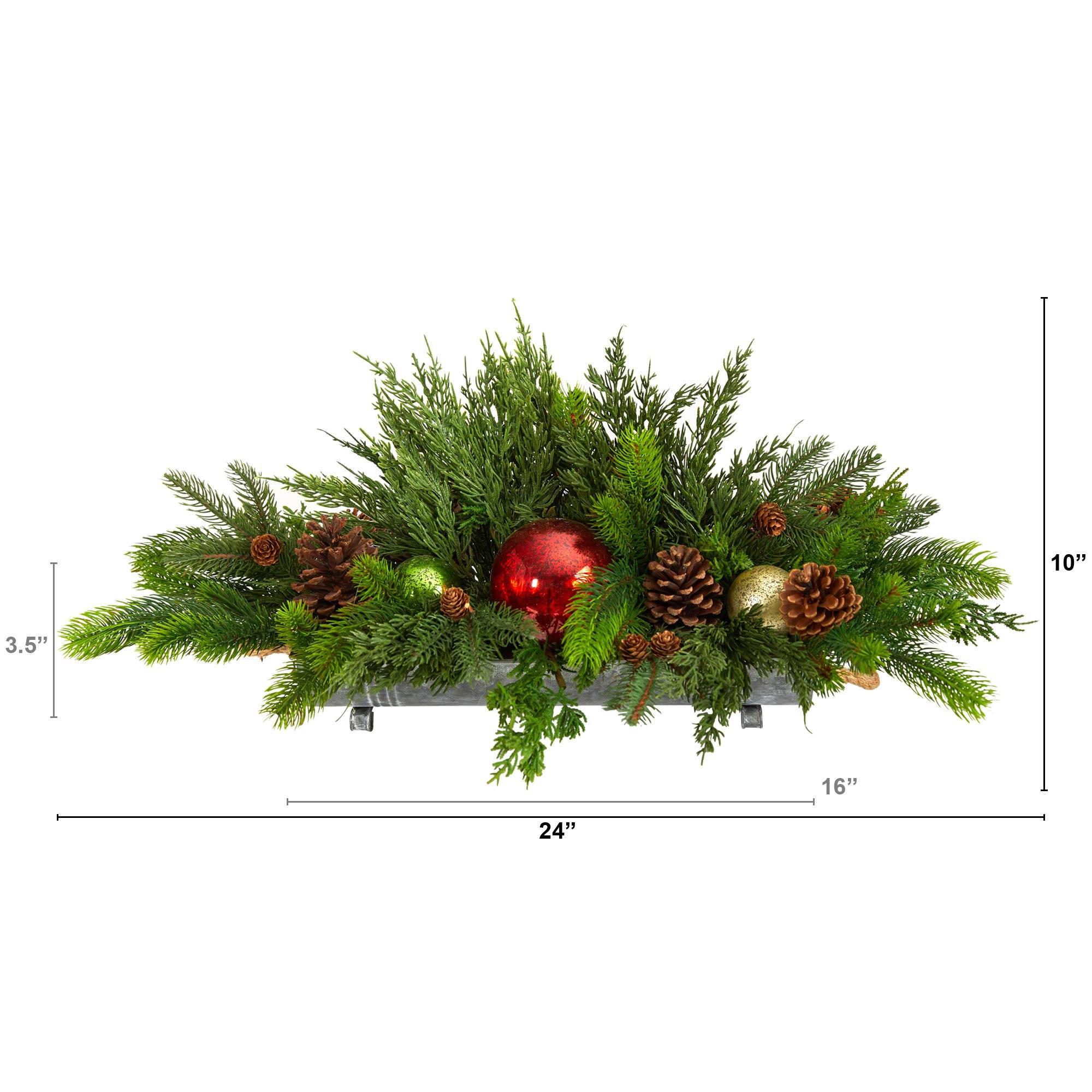 24” Cedar Pine, Pinecones and Ornaments Artificial Christmas Arrangement in Tin Vase - Image 2