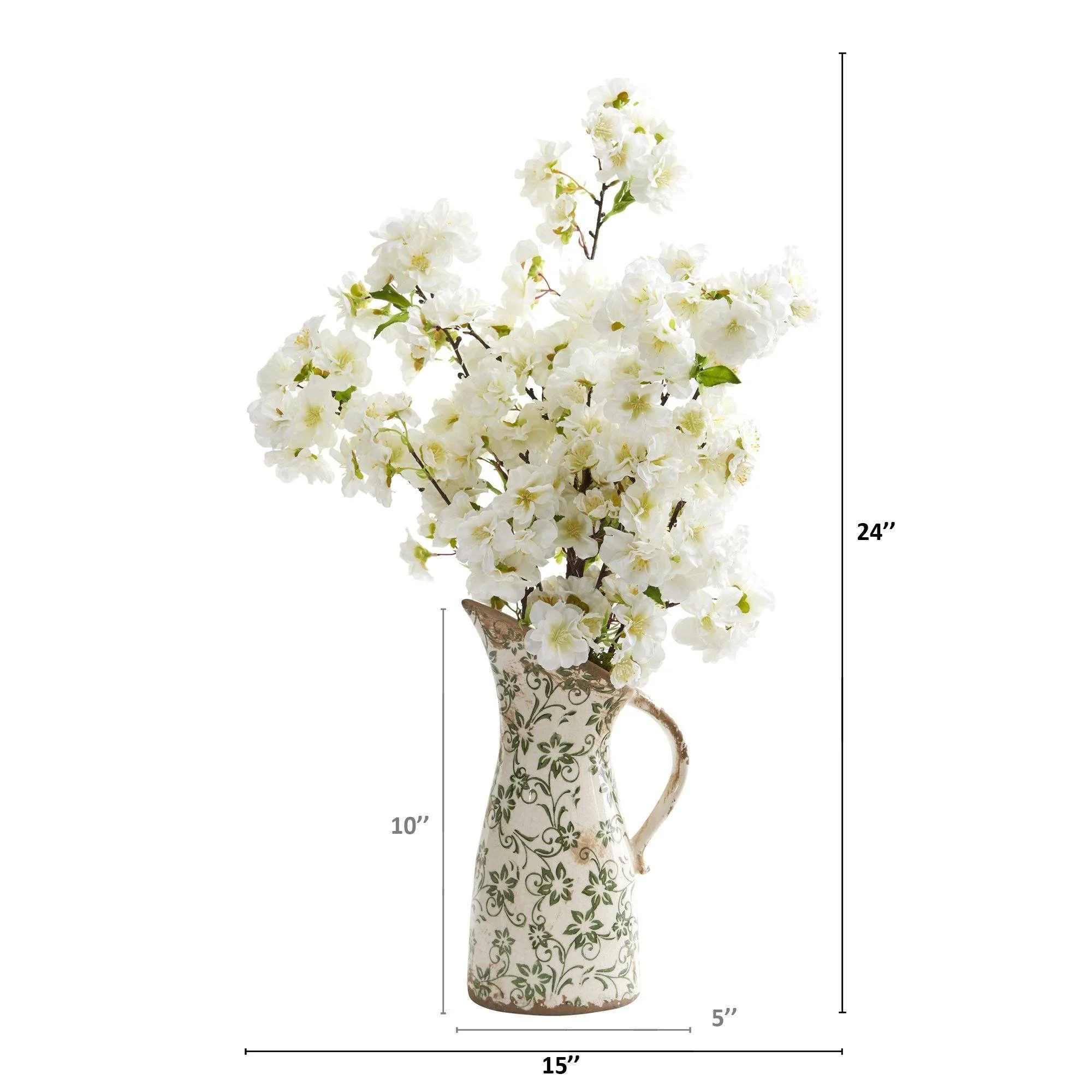 24” Cherry Blossom Artificial Arrangement in Floral Pitcher - Image 2