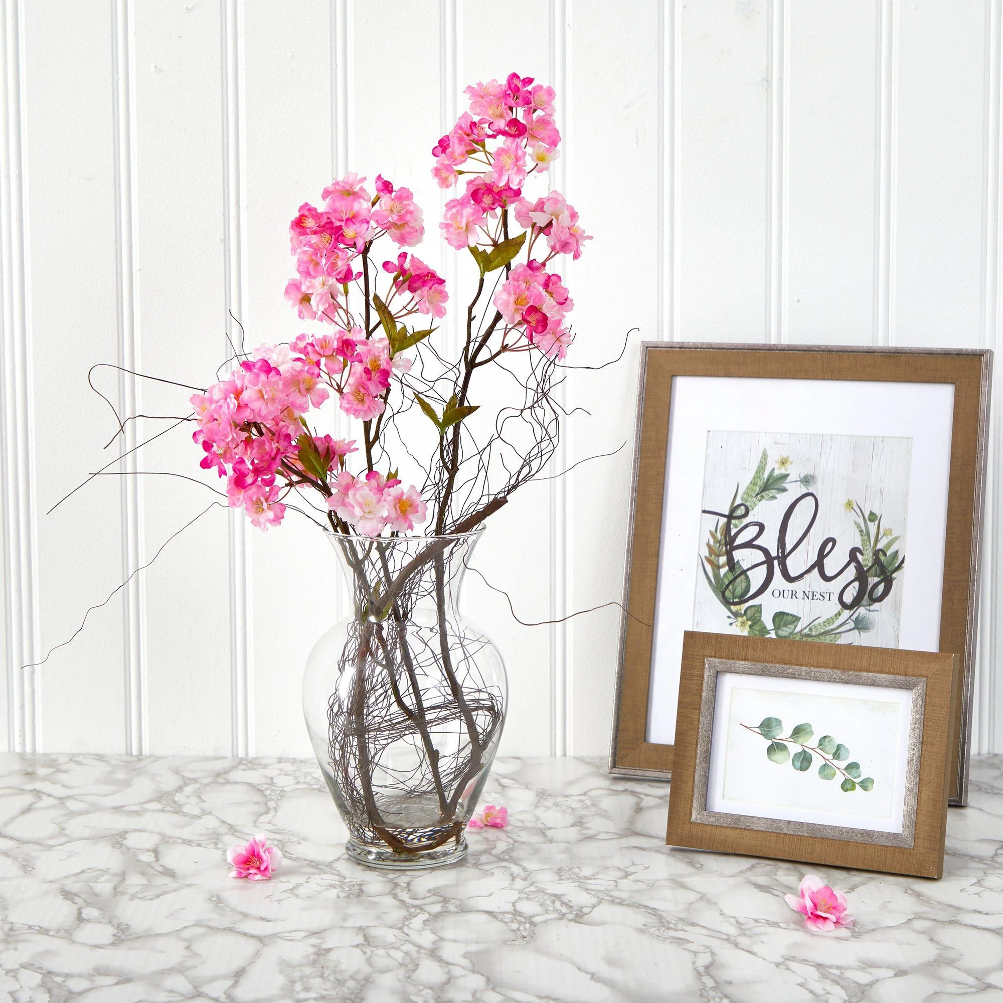 24” Cherry Blossom Artificial Arrangement in Glass Vase - Image 2