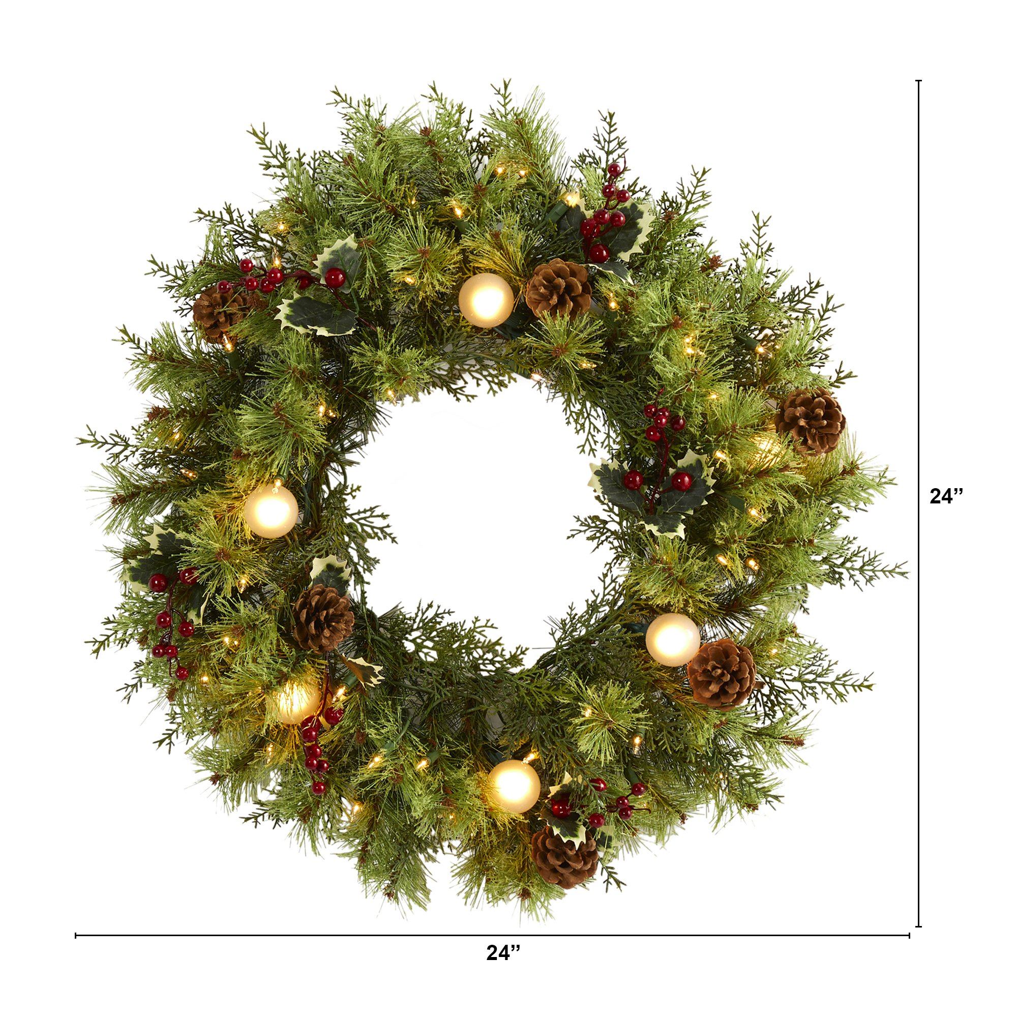 24” Christmas Artificial Wreath with 50 White Warm Lights, 7 Globe Bulbs, Berries and Pine Cones - Image 3
