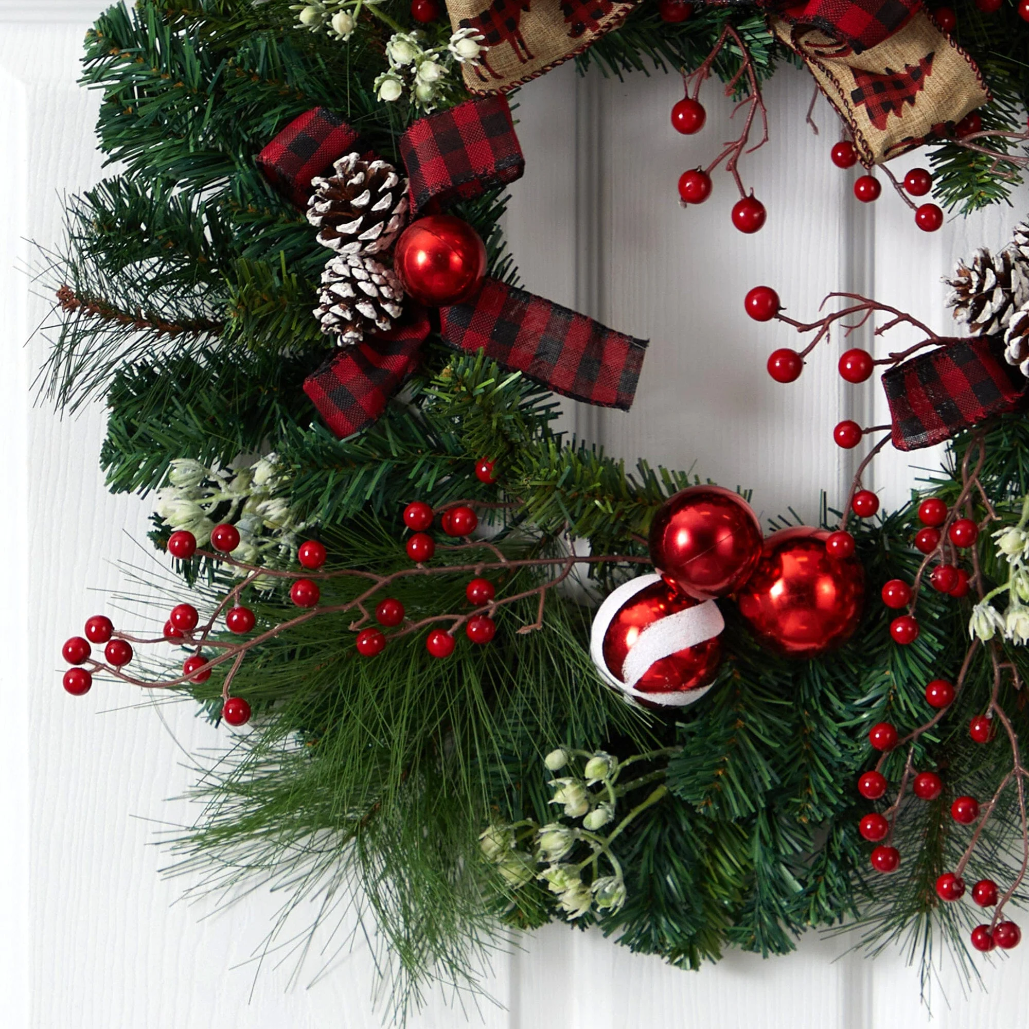 24” Christmas Pine Artificial Wreath with Pine Cones and Ornaments - Image 2
